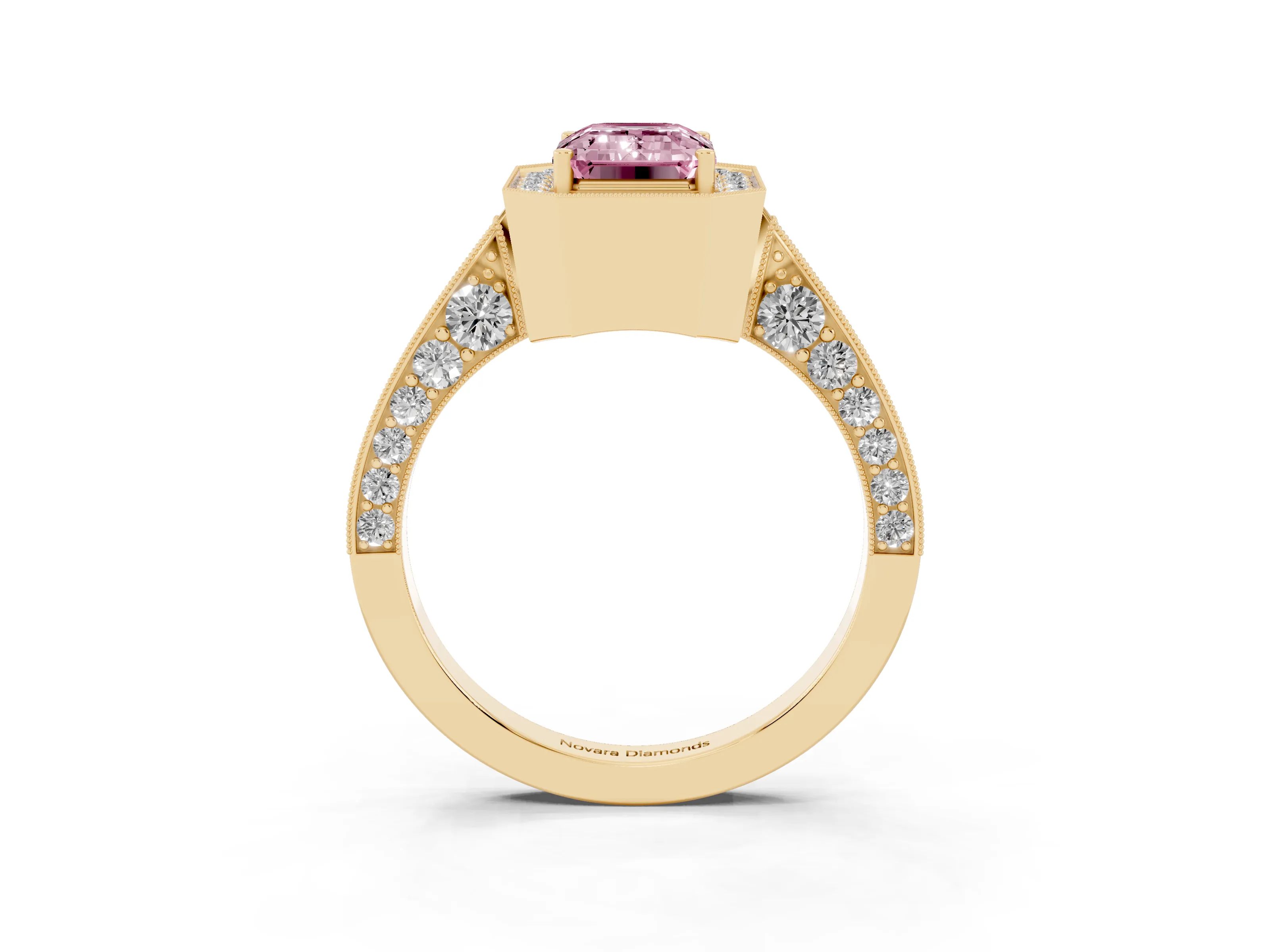Fancy Pink Emerald Cut Diamond Halo Engagement Ring Set in Yellow gold with Accent Split Shank Band
