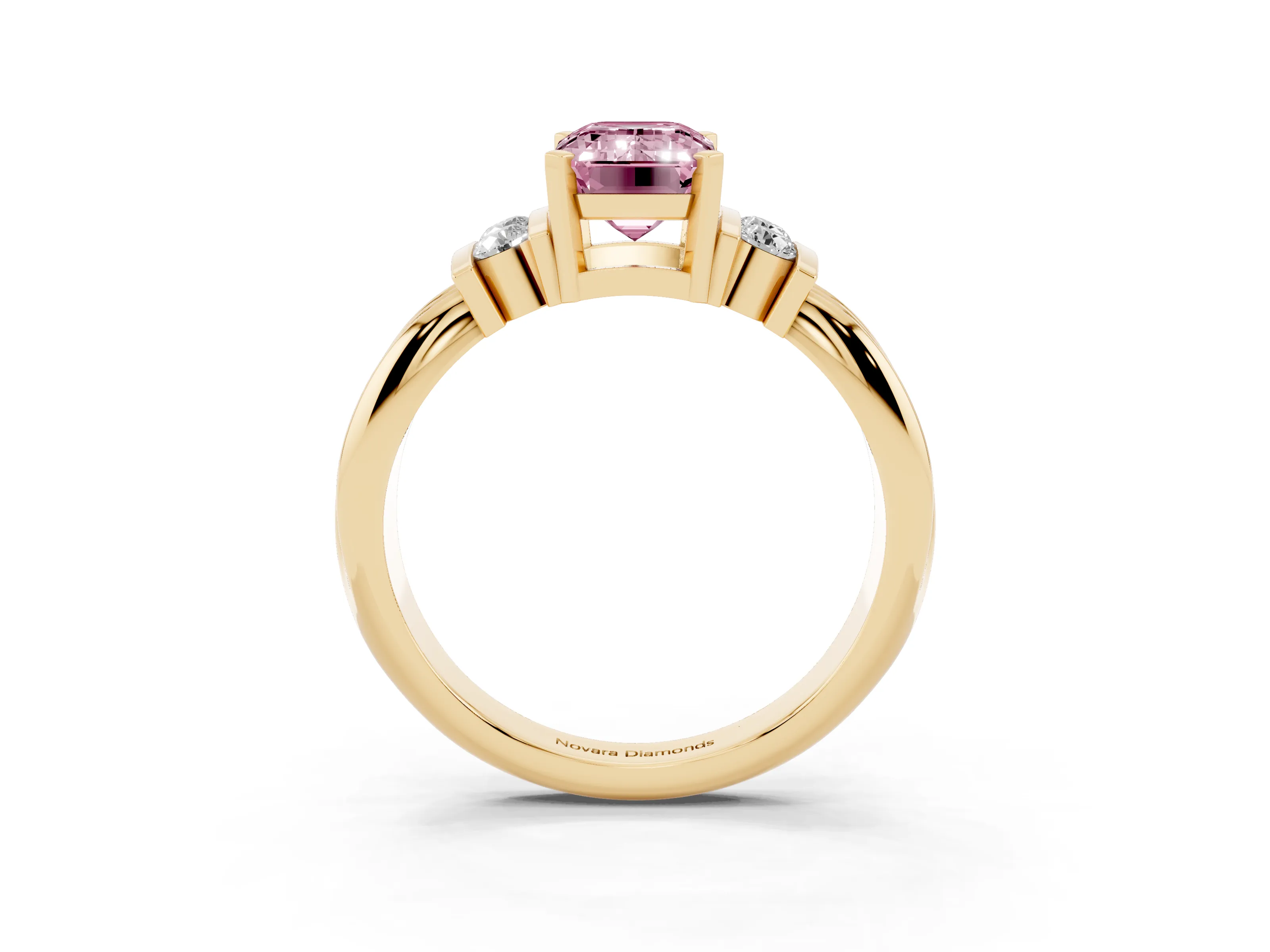 Fancy Pink Three-Stone Emerald Cut Diamond Channel Set Ring Set in Yellow gold with Bar Prongs