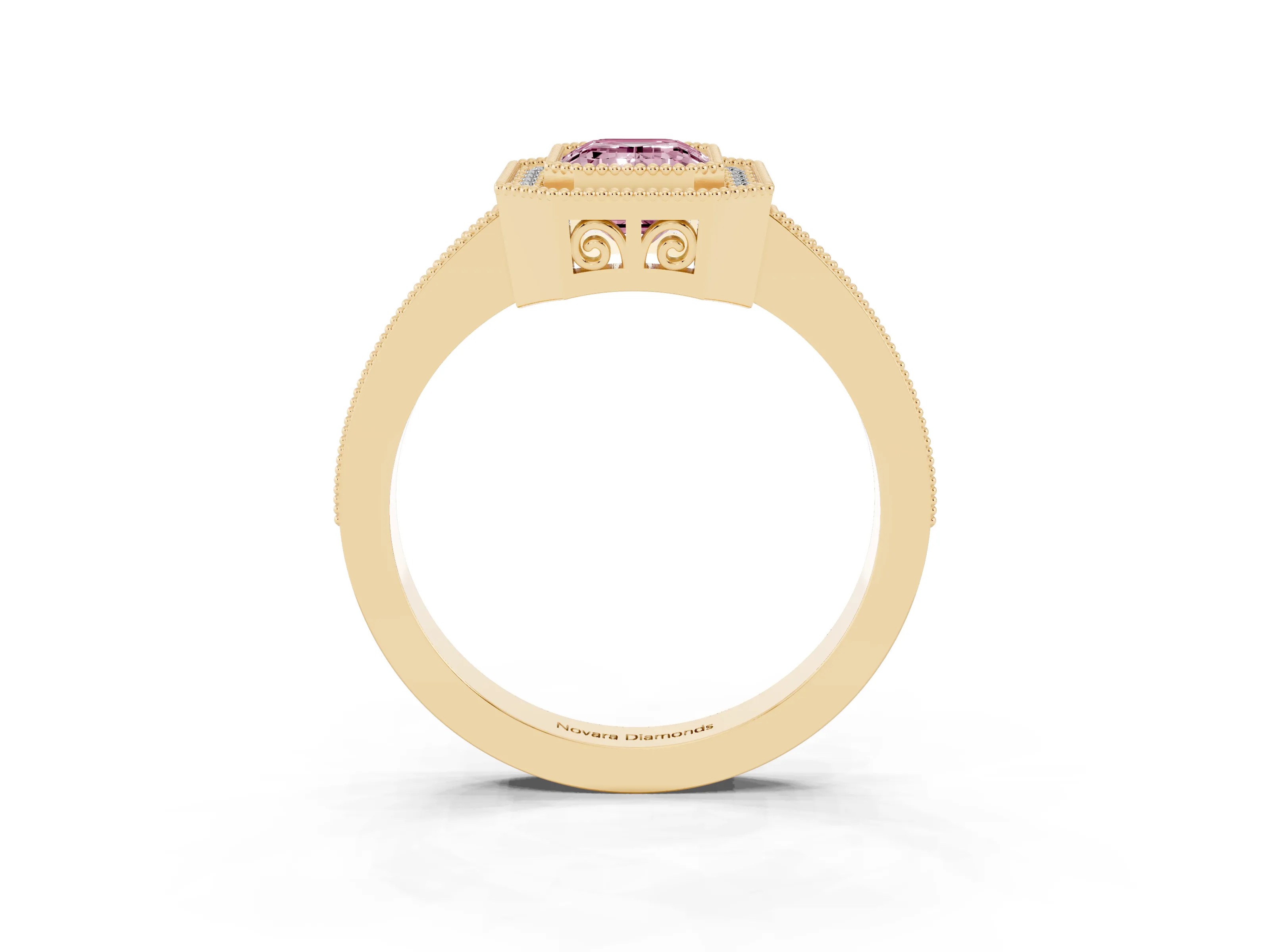 Fancy Pink Emerald Cut Diamond Round Halo Ring Set in Yellow gold with Pavé Band