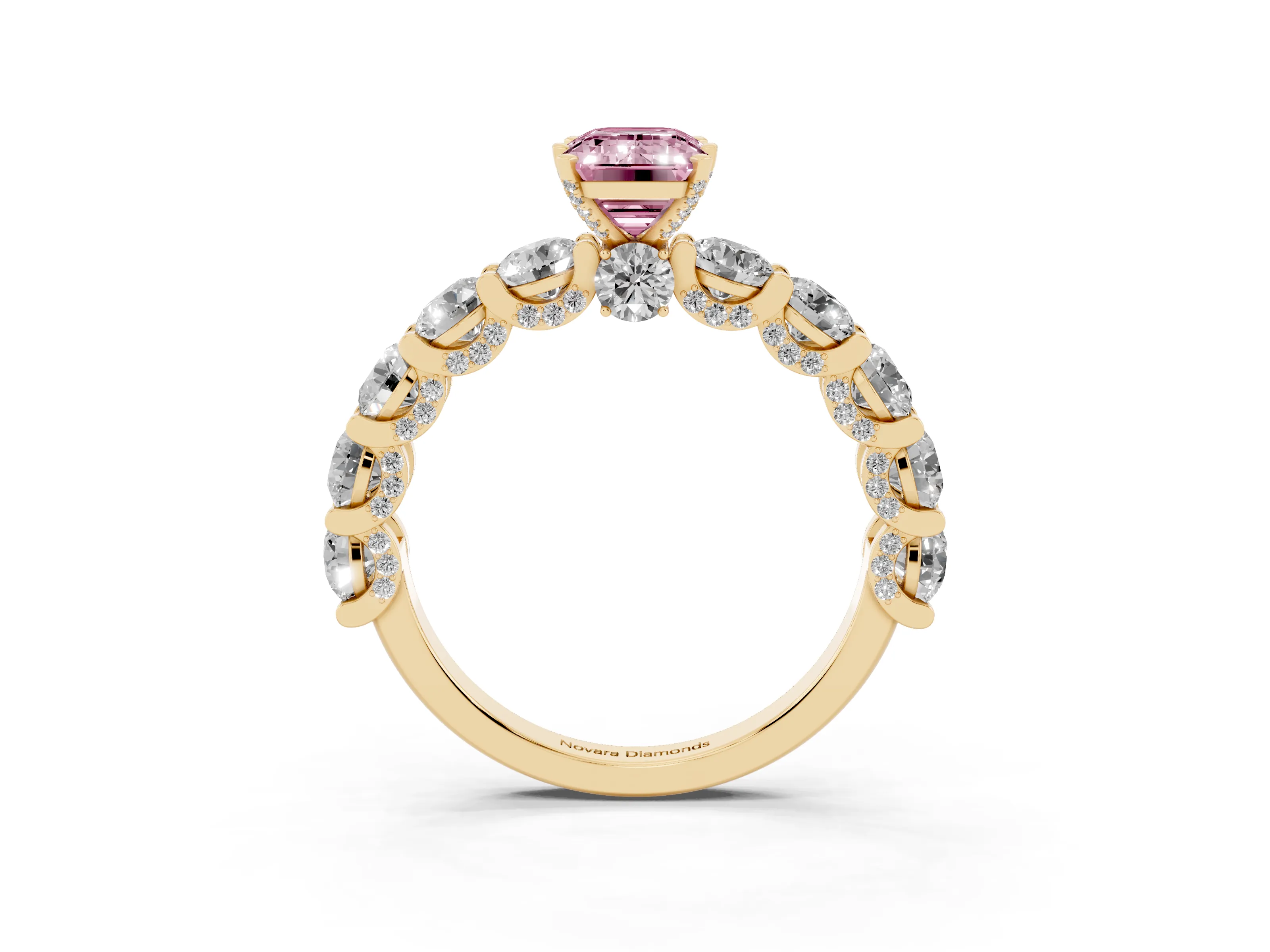 Fancy Pink Emerald Cut Diamond Side Stone Ring Set in Yellow gold with Alternating Round and Oval Side Stones