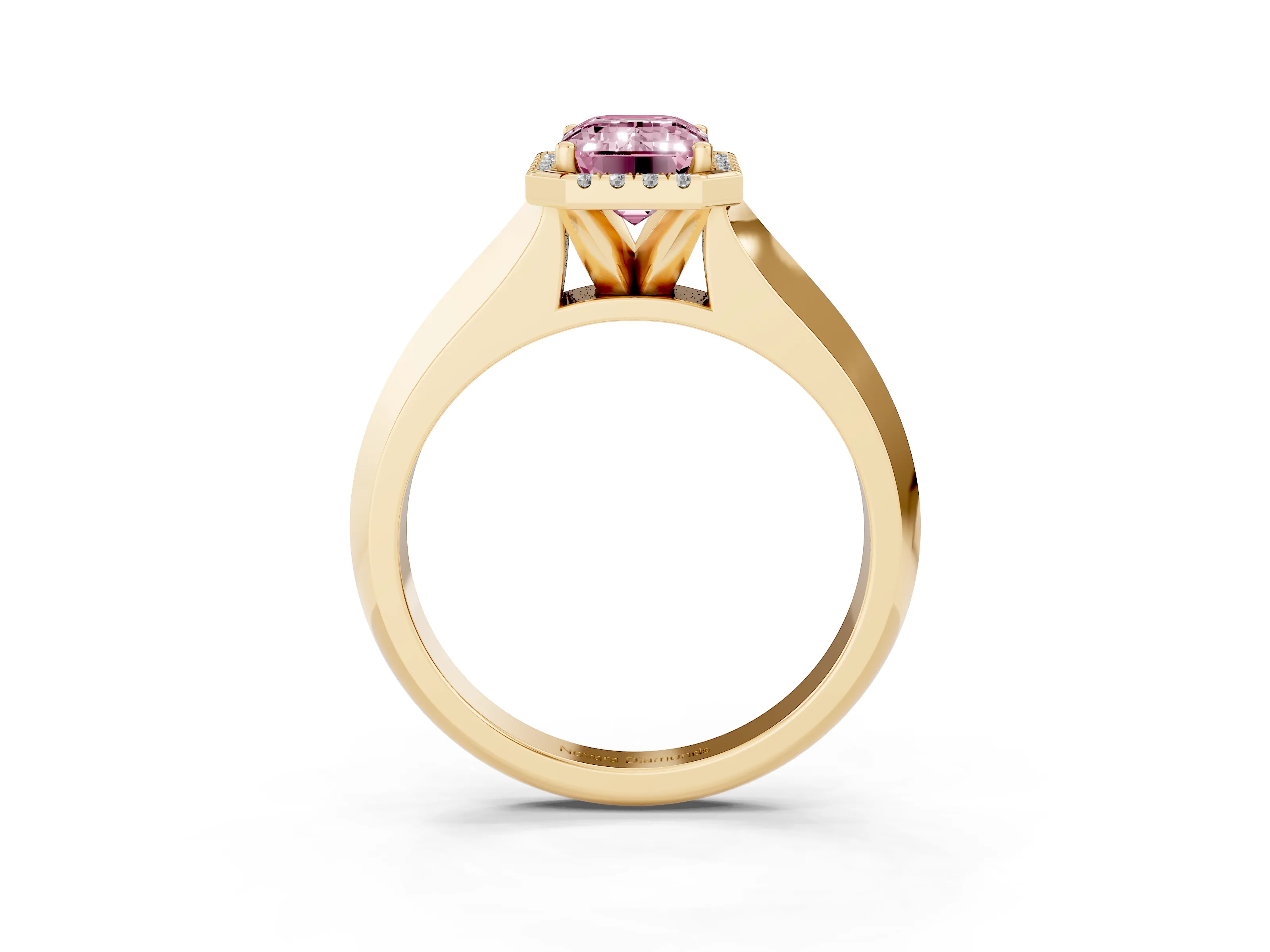 Fancy Pink Emerald Cut Diamond Halo Ring Set in Yellow gold with Cathedral Band and Prong Setting