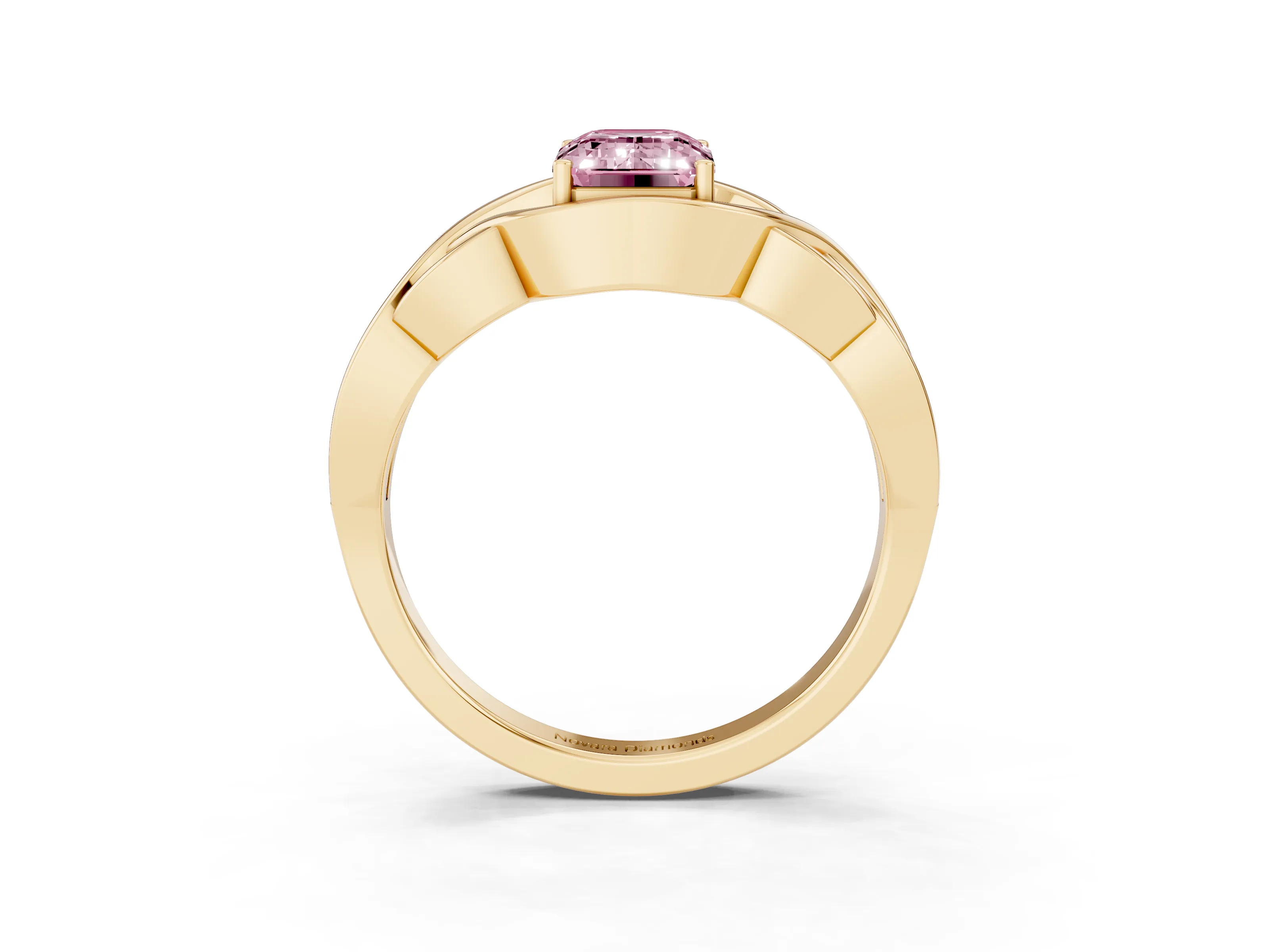 Fancy Pink Emerald Cut Diamond Solitaire Ring Set in Yellow gold with Intertwined Band
