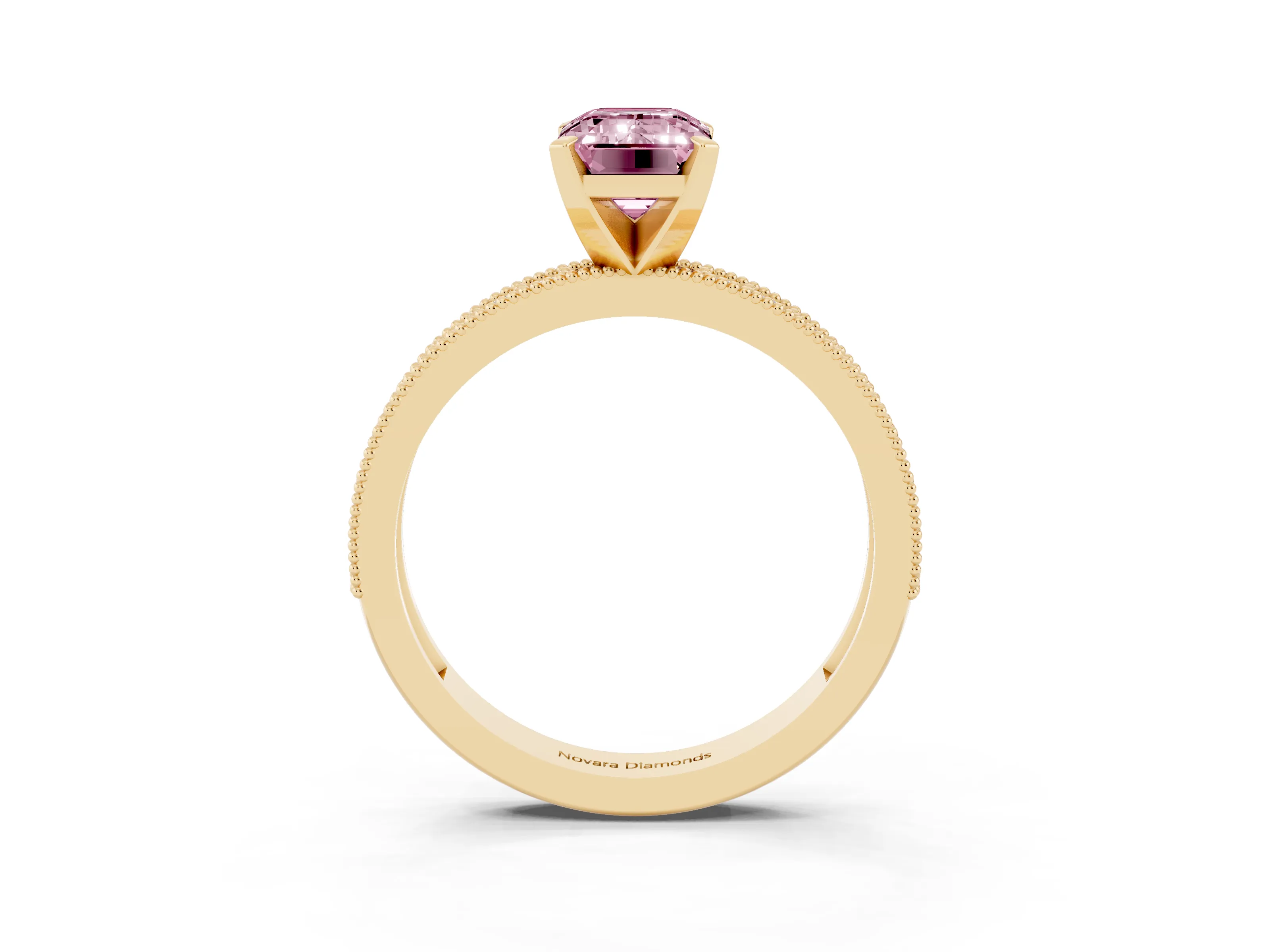 Fancy Pink Emerald Cut Diamond Milgrain Pavé Engagement Ring Set in Yellow gold with Prong Setting