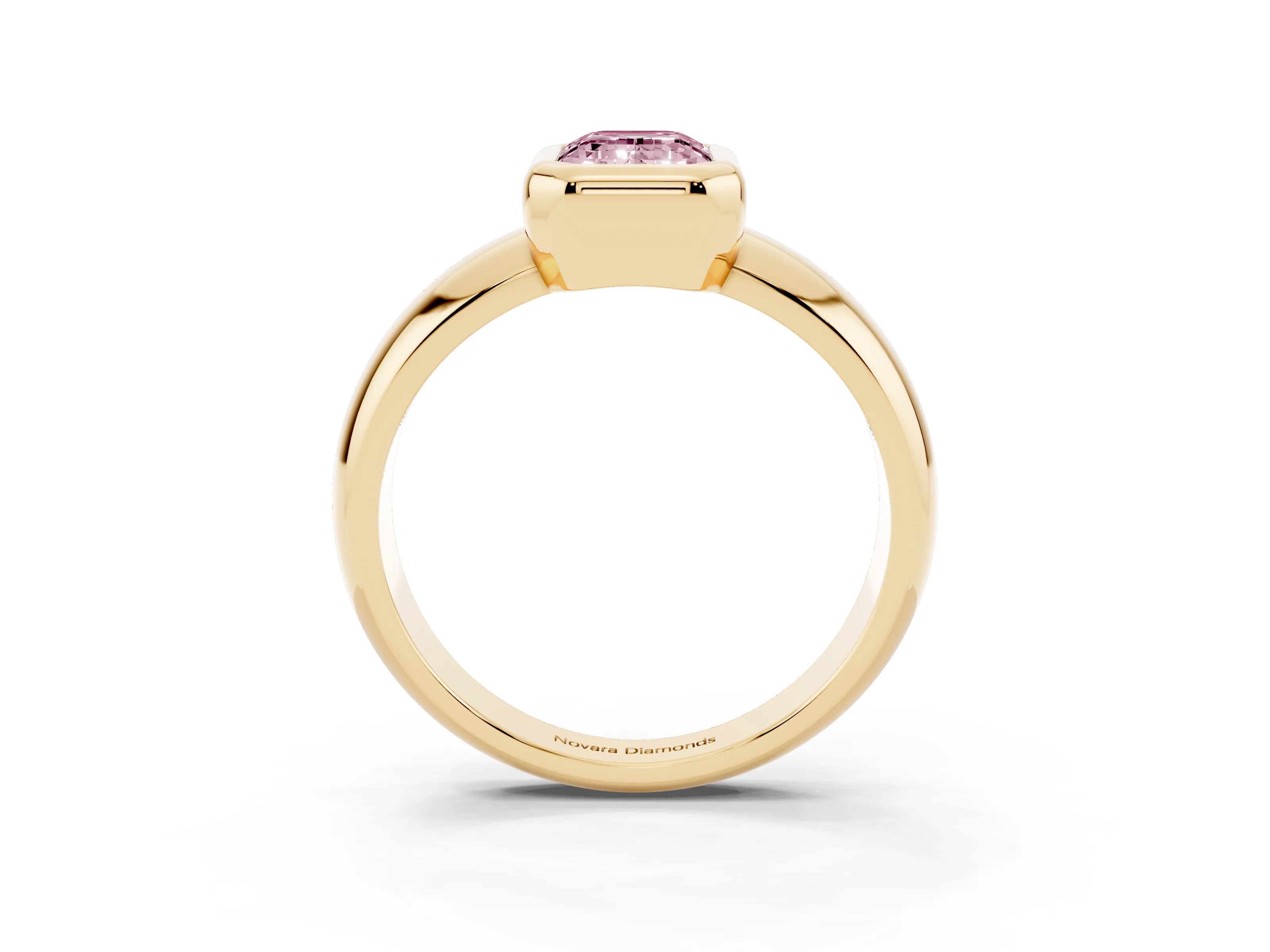 Fancy Pink Bezel Set Emerald Cut Diamond Solitaire Ring Set in Yellow gold with Wide Band