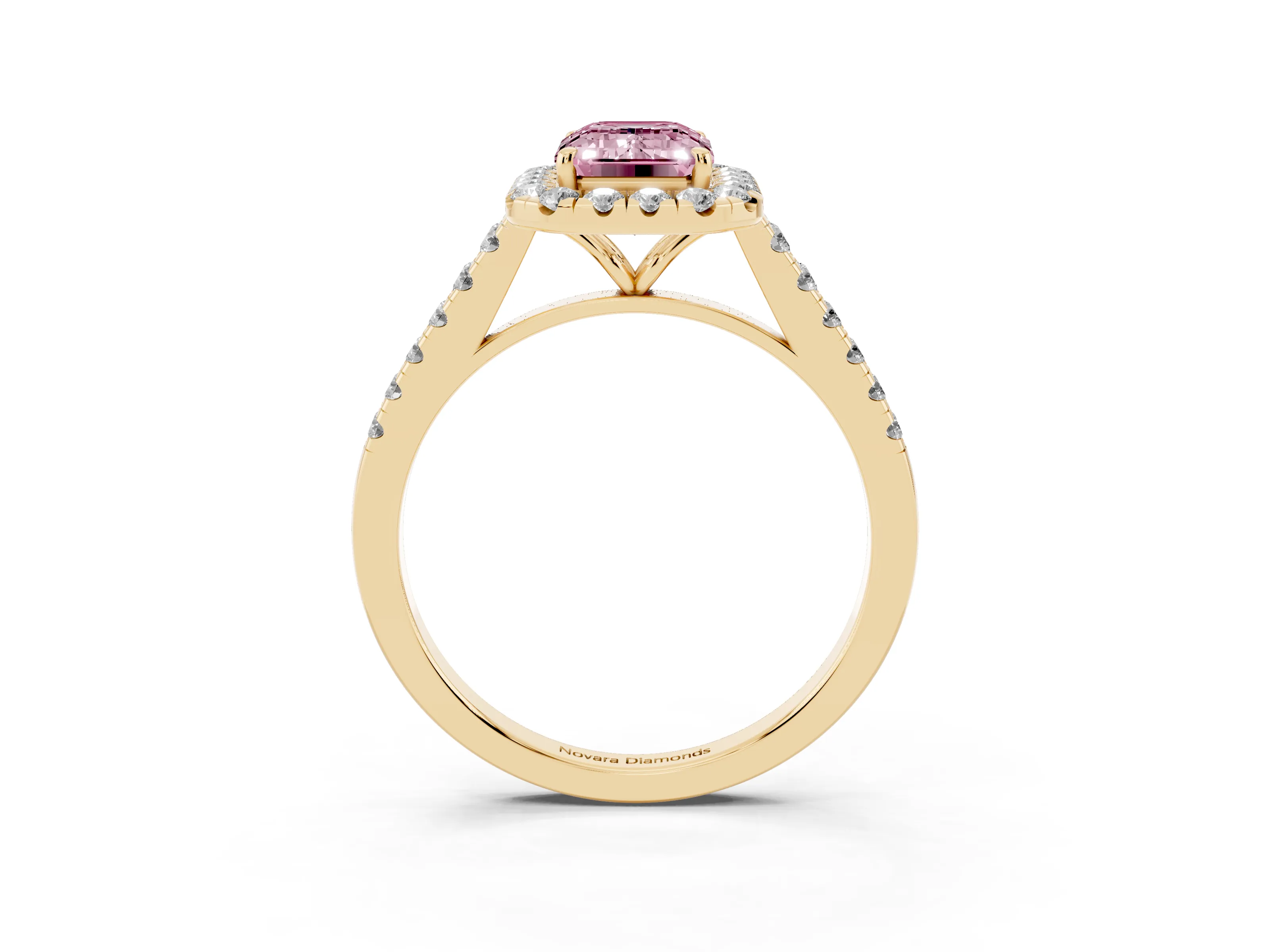 Fancy Pink Emerald Cut Diamond Halo Pavé Engagement Ring Set in Yellow gold with Prong Setting