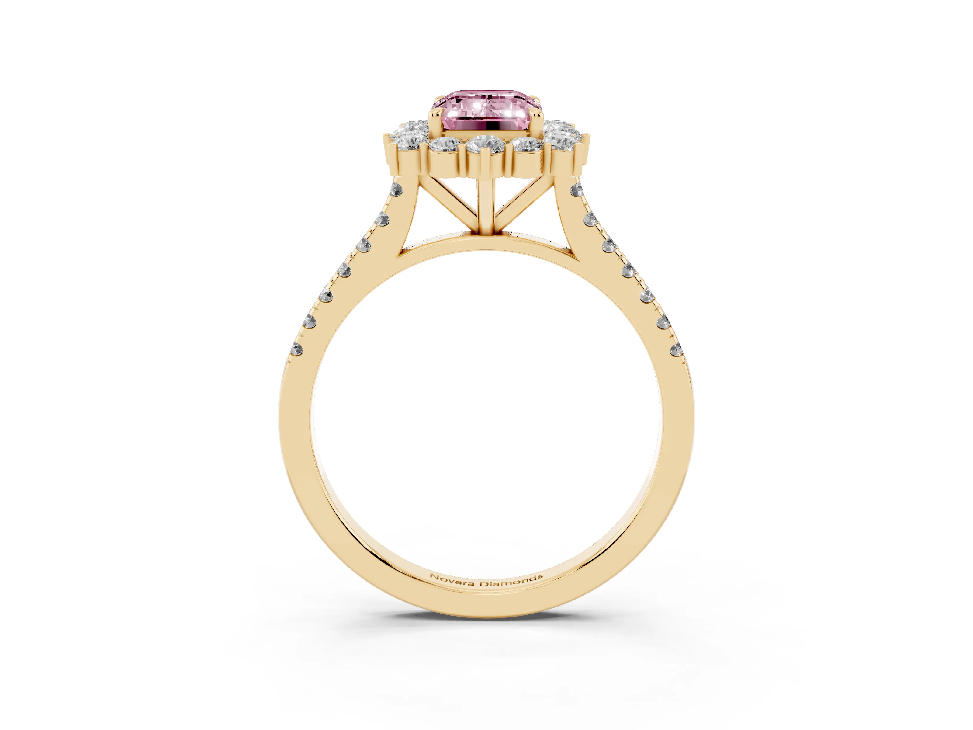 Fancy Pink Emerald Cut Diamond Halo Ring Set in Yellow gold with Pavé Band and Prong Setting