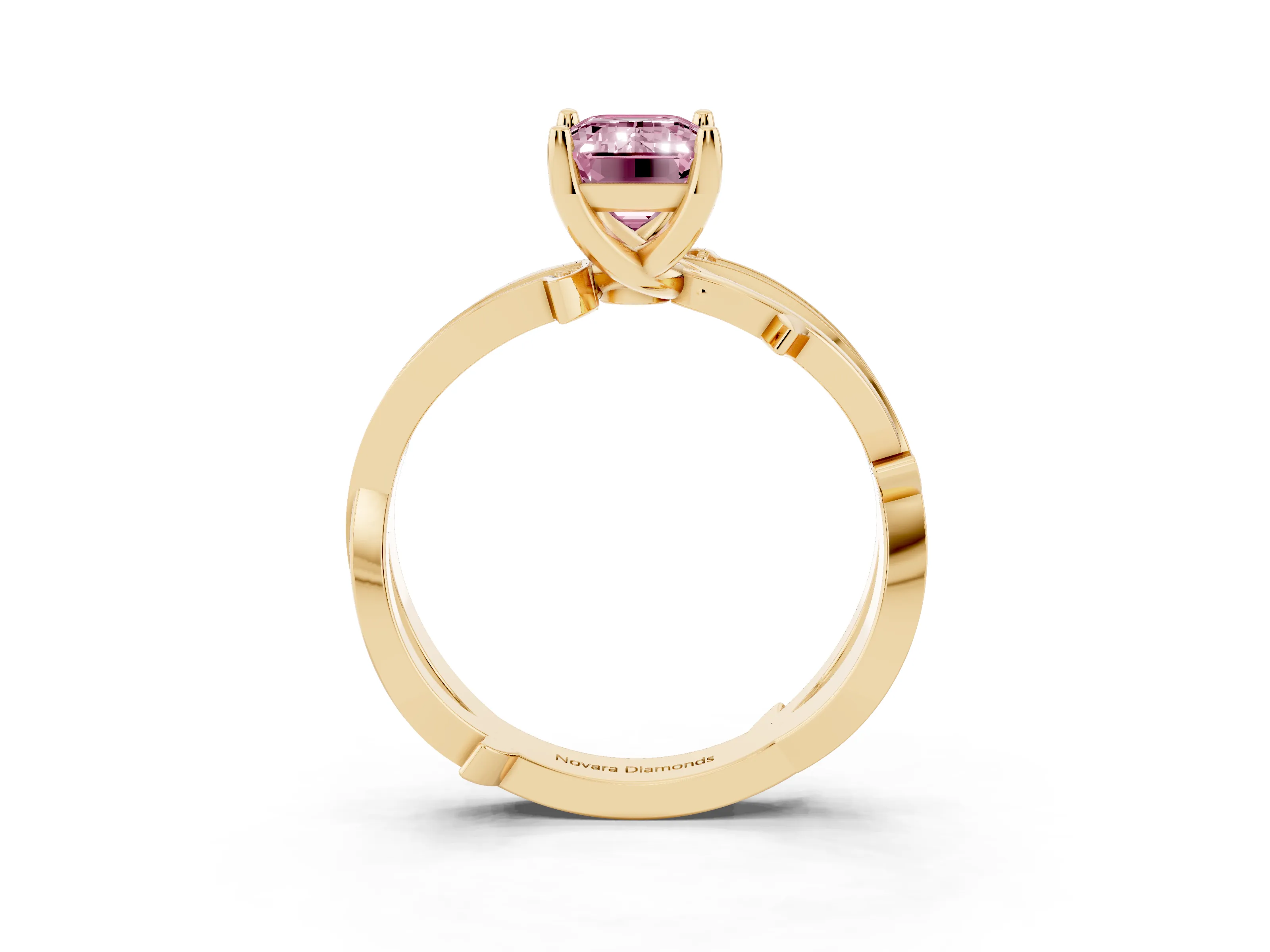 Fancy Pink Emerald Cut Diamond Pavé Twist Band Solitaire Ring Set in Yellow gold with Prong Setting