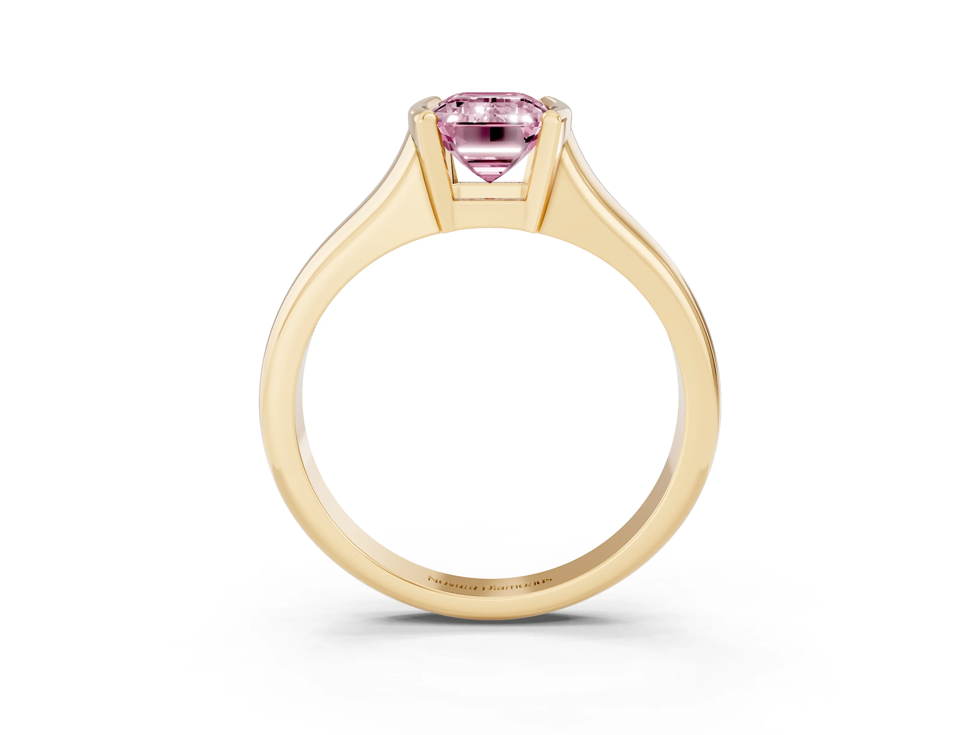 Fancy Pink Emerald Cut Diamond Solitaire Tension Set Ring Set in Yellow gold with Split Shank Band