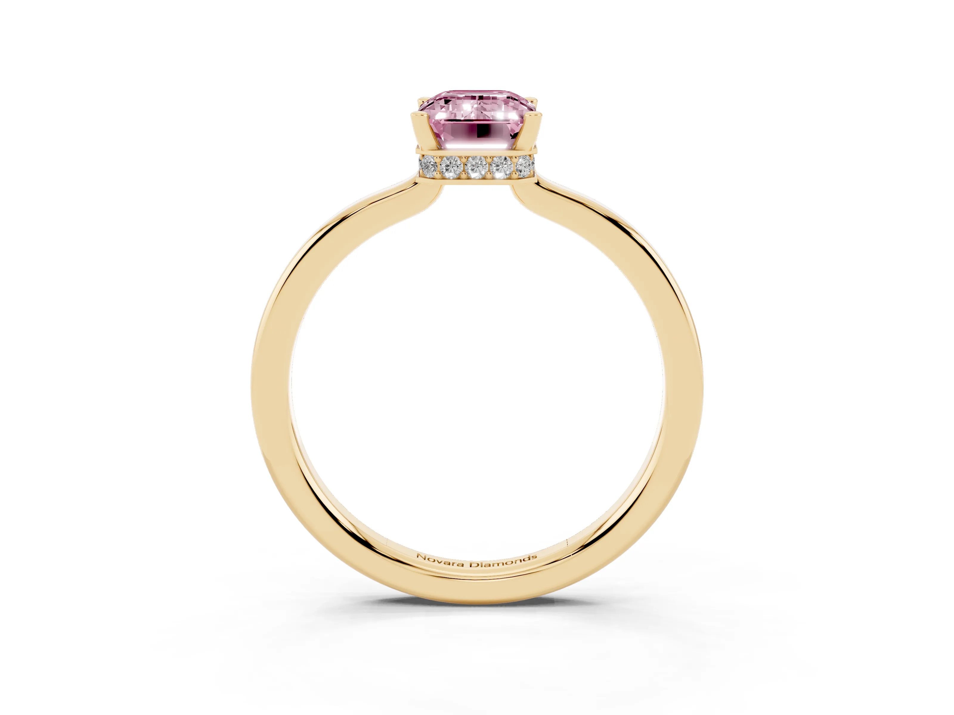 Fancy Pink Emerald Cut Diamond Solitaire Engagement Ring Set in Yellow gold with Prong Setting on a Plain Band