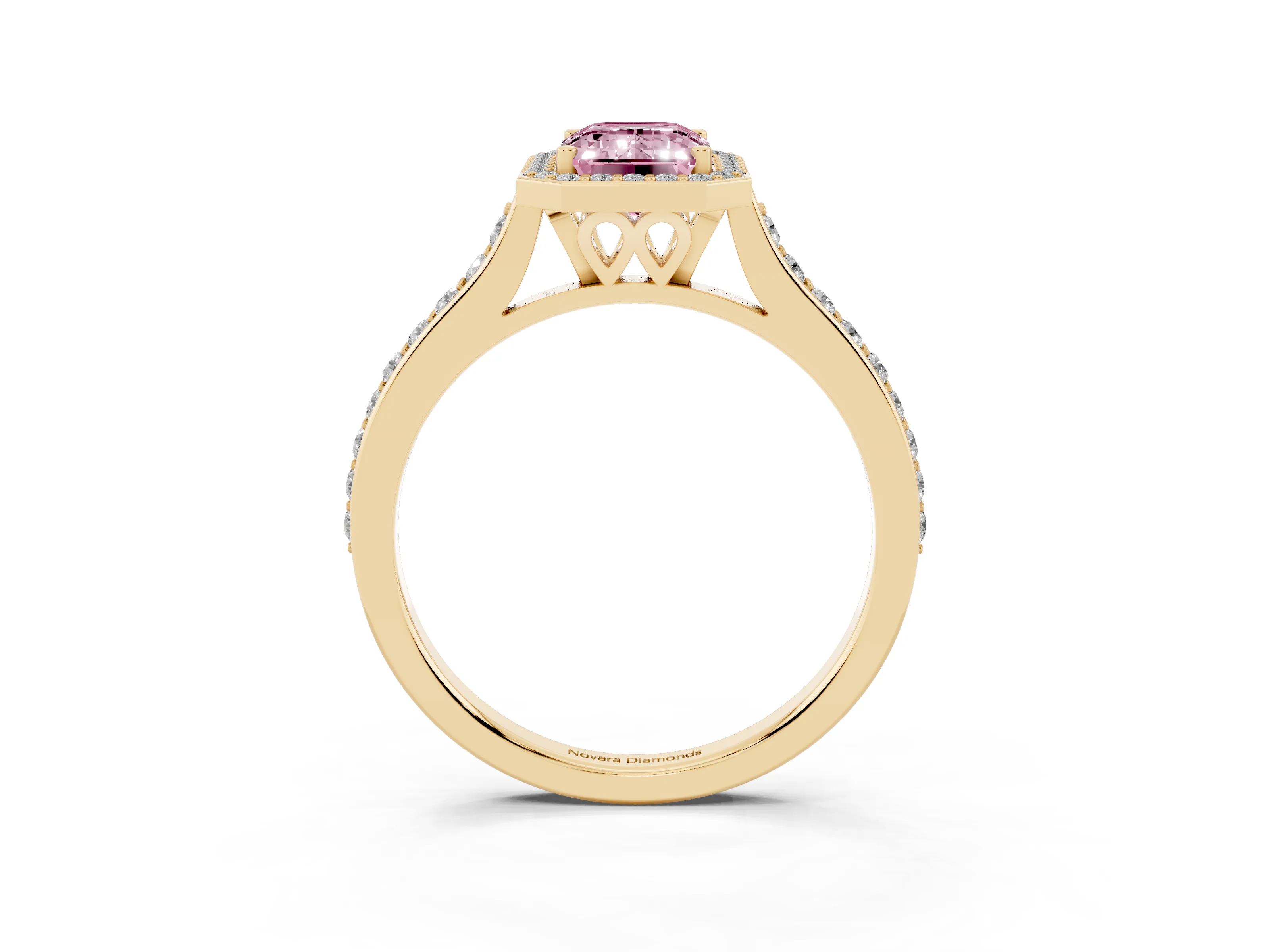 Fancy Pink Emerald Cut Diamond Halo Engagement Ring Set in Yellow gold with Round Pavé Shoulders and Heart Gallery