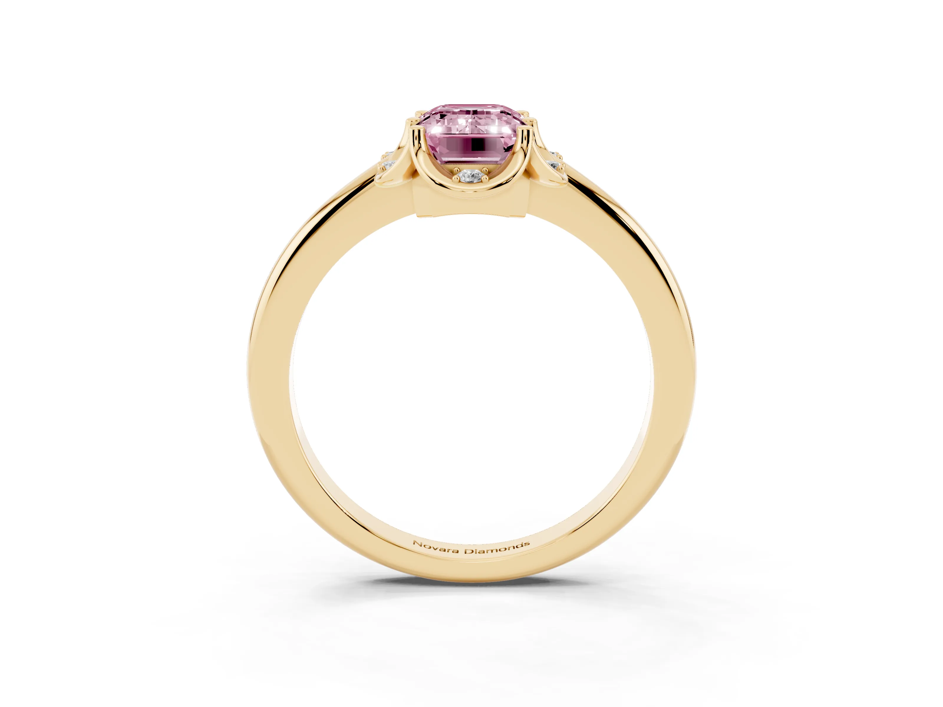 Fancy Pink Emerald Cut Diamond Round Cluster Halo Ring Set in Yellow gold with Solitaire Band and Prong Setting