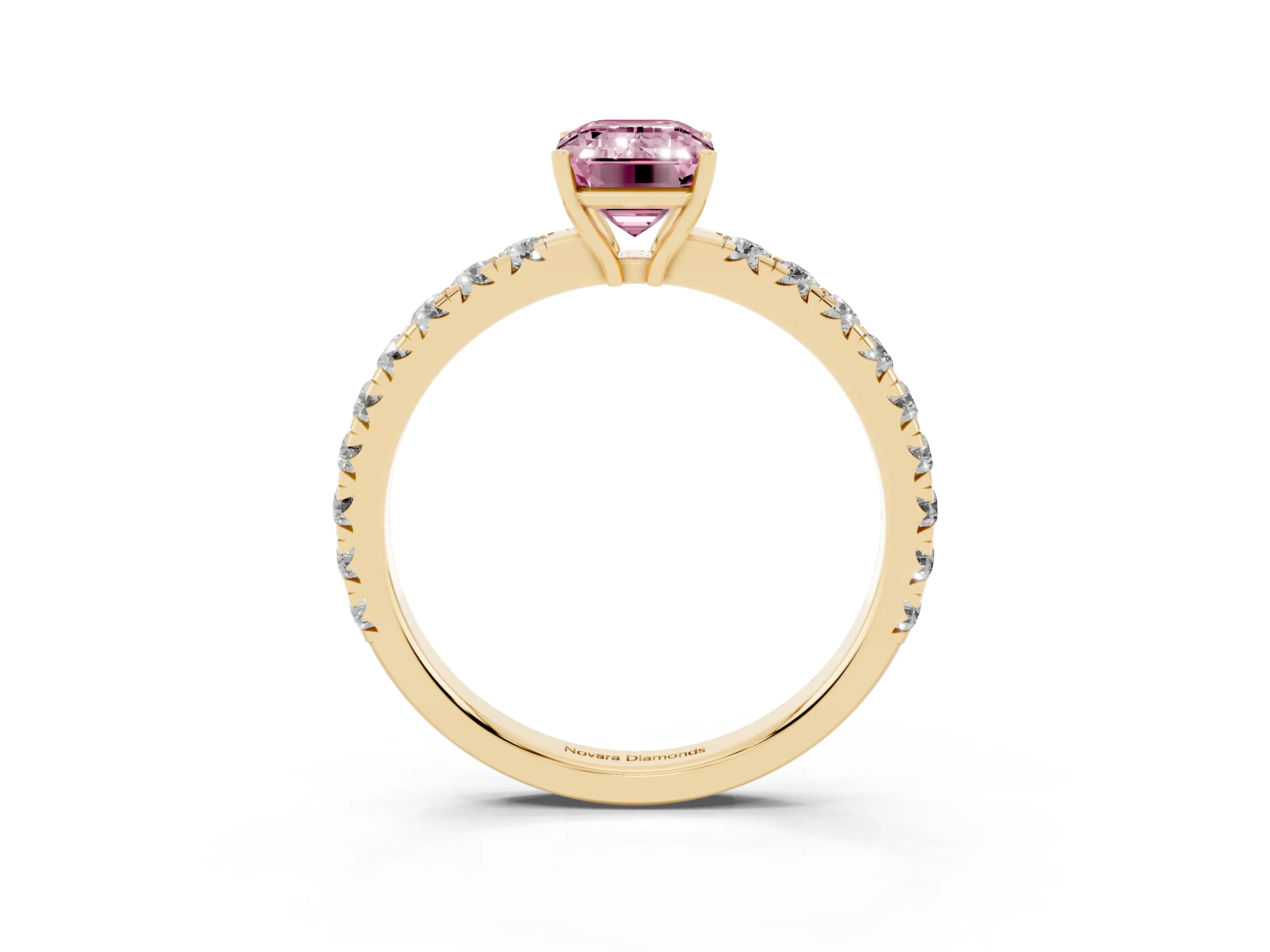 Fancy Pink Emerald Cut Diamond Pavé Solitaire Engagement Ring Set in Yellow gold with Prong Setting