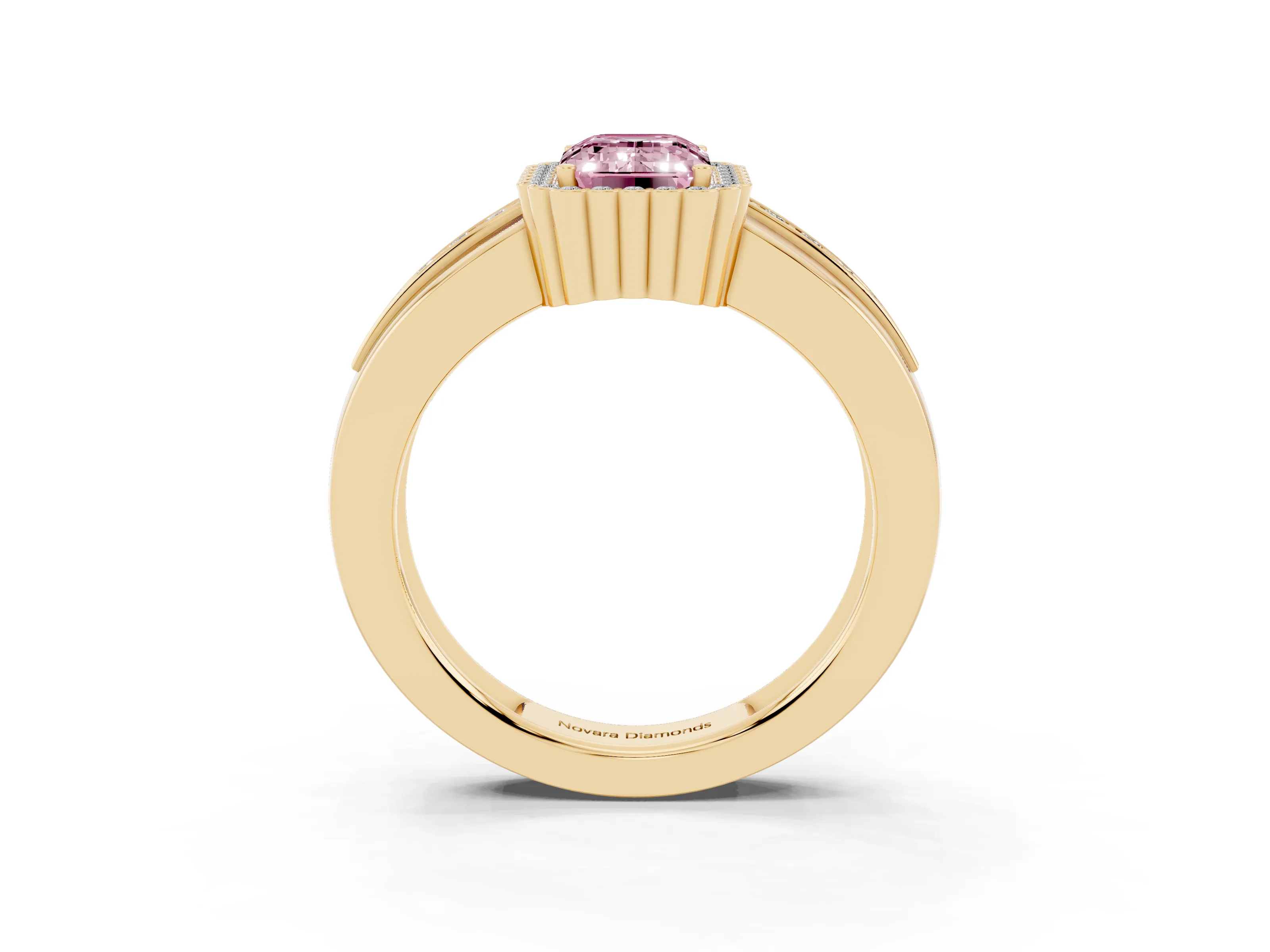 Fancy Pink Emerald Cut Diamond Halo Prong Ring Set in Yellow gold with Pavé Band