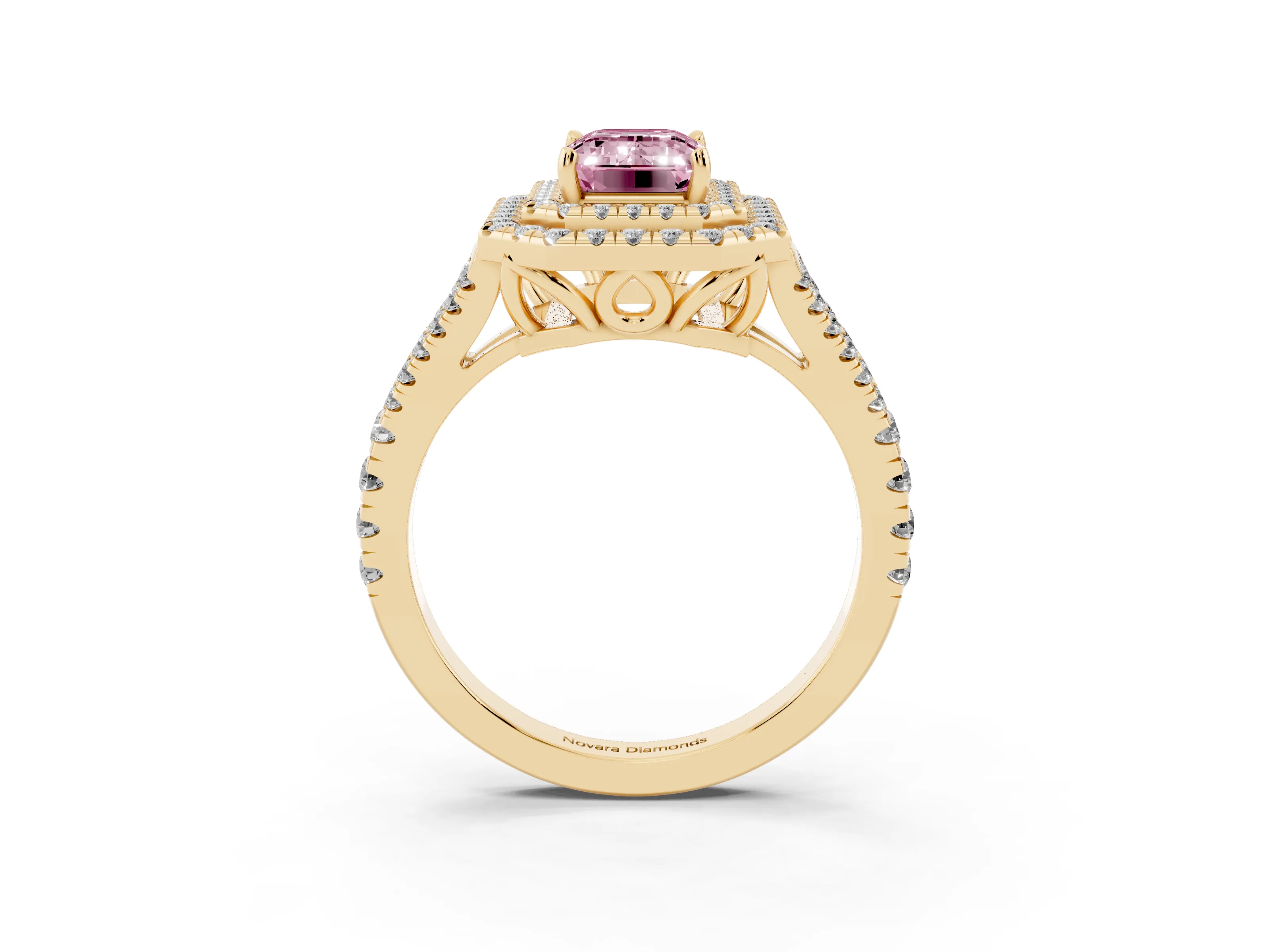 Fancy Pink Emerald Cut Diamond Double Halo Ring Set in Yellow gold with Pavé Band