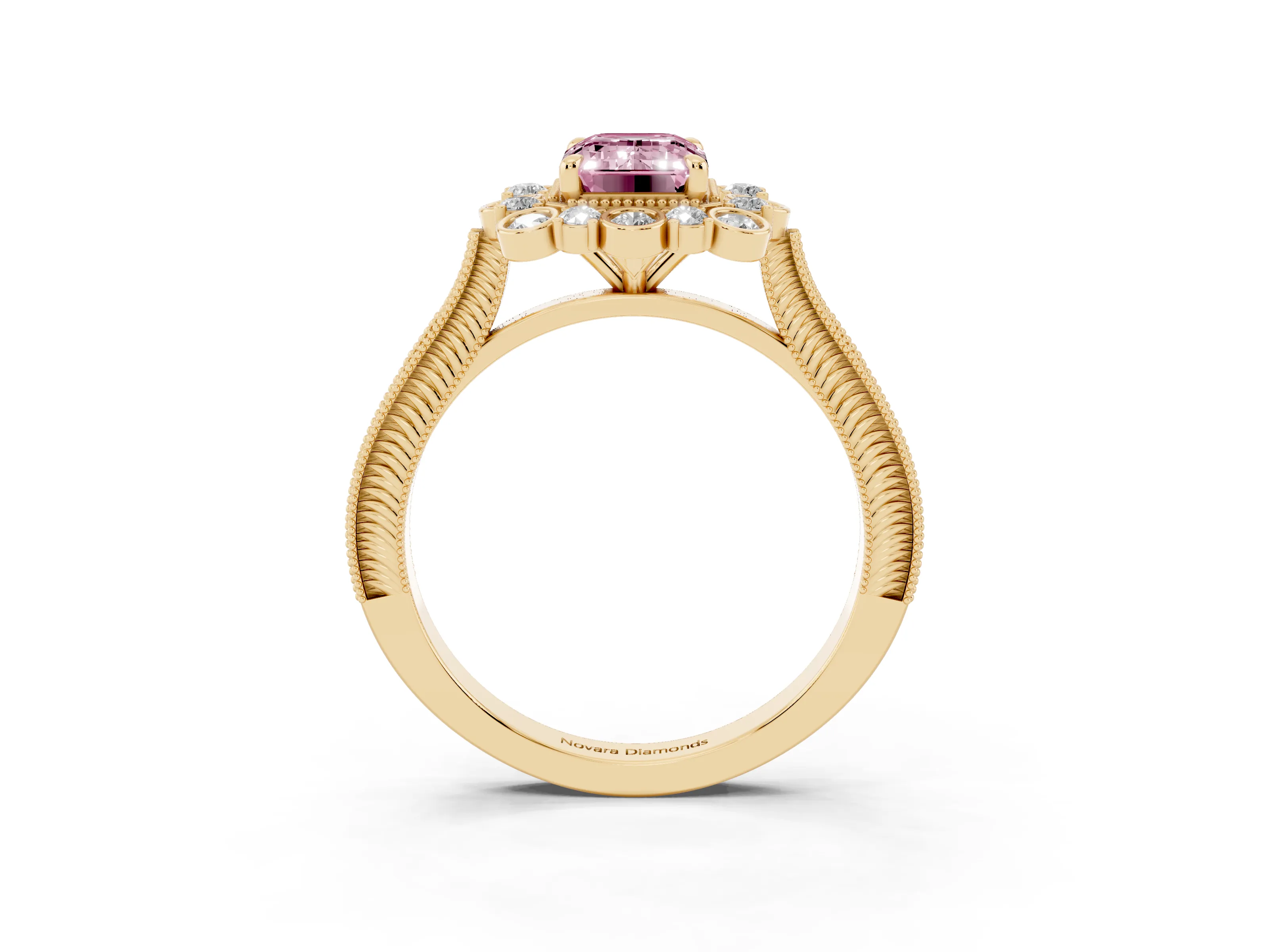 Fancy Pink Emerald Cut Diamond Halo Milgrain Pavé Ring Set in Yellow gold with Prong Setting
