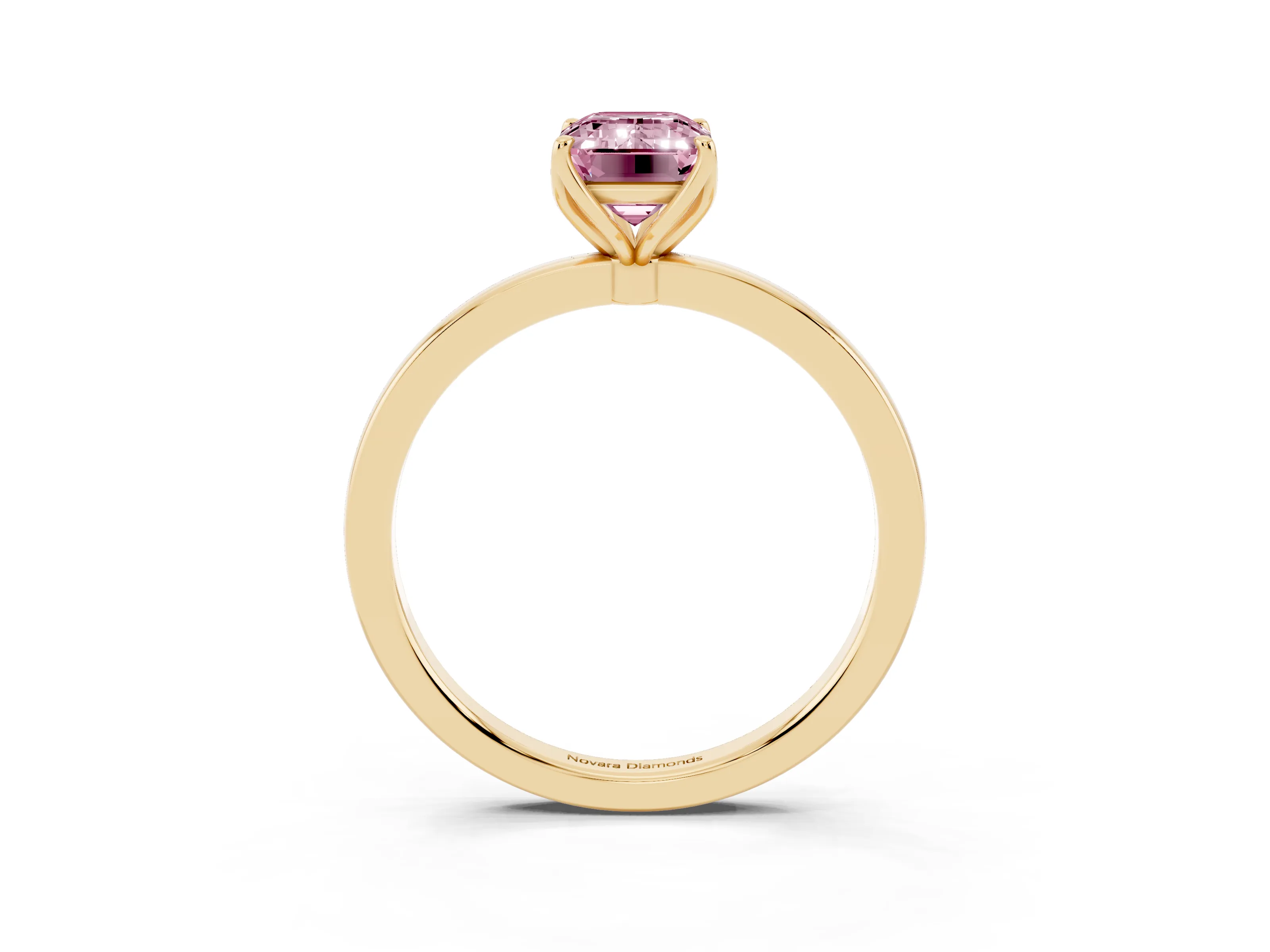 Fancy Pink Emerald Cut Diamond Solitaire Ring Set in Yellow gold with Prong Setting and Thin Polished Band