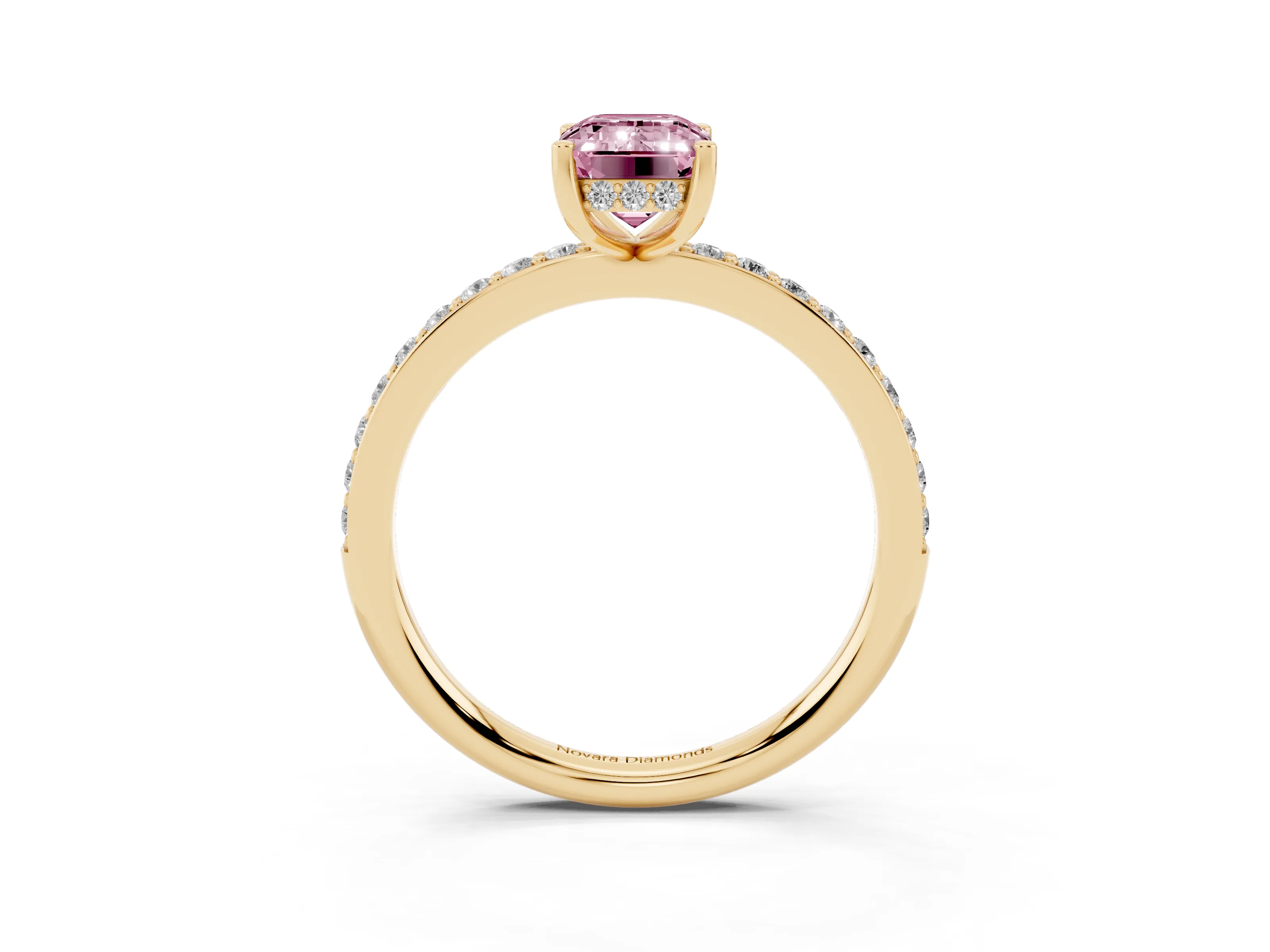 Fancy Pink Emerald Cut Diamond Pavé Band Ring Set in Yellow gold with Prong-Set Center Stone