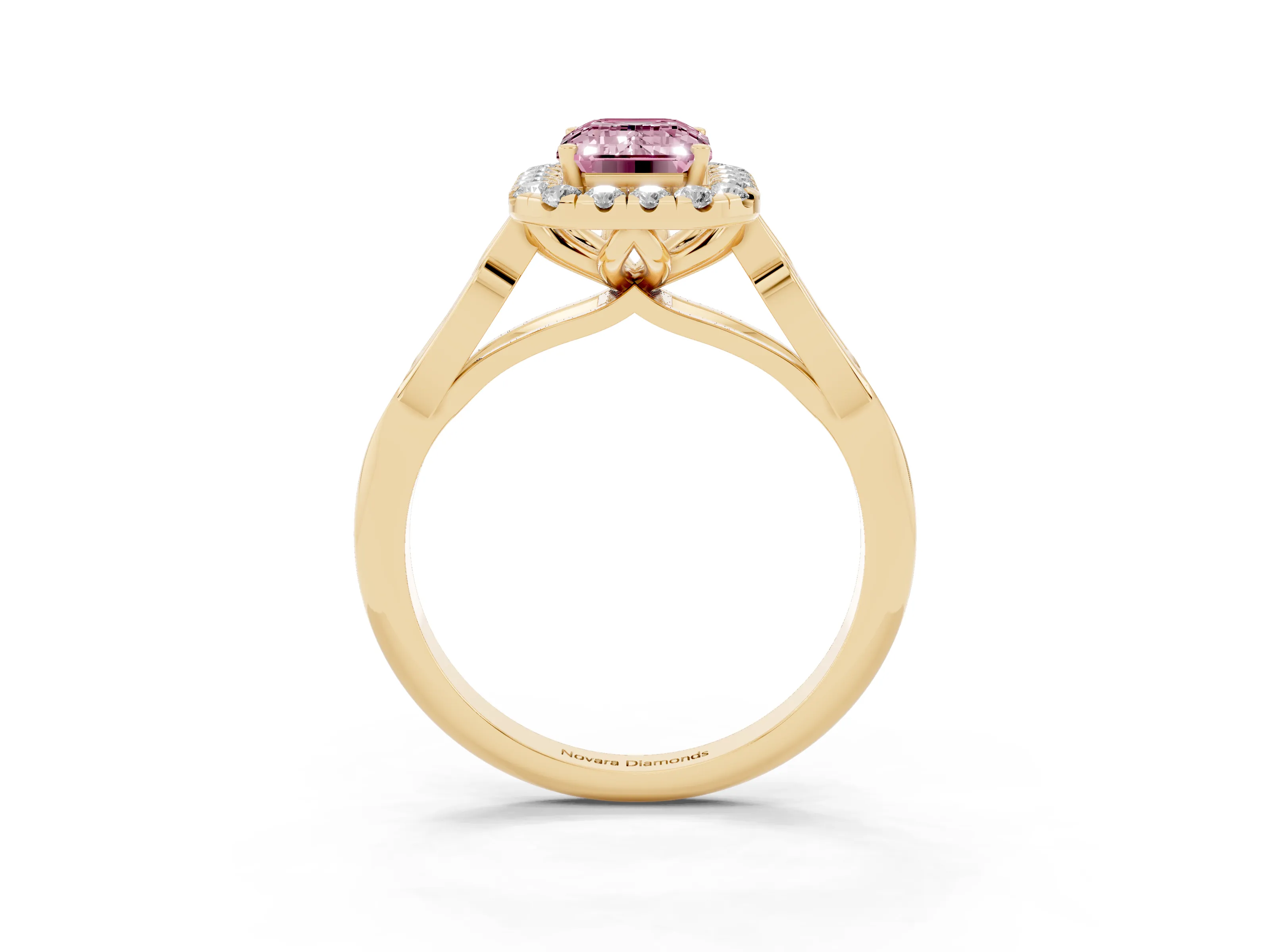 Fancy Pink Emerald Cut Diamond Halo Engagement Ring Set in Yellow gold with Filigree Band and Prong-Set Center