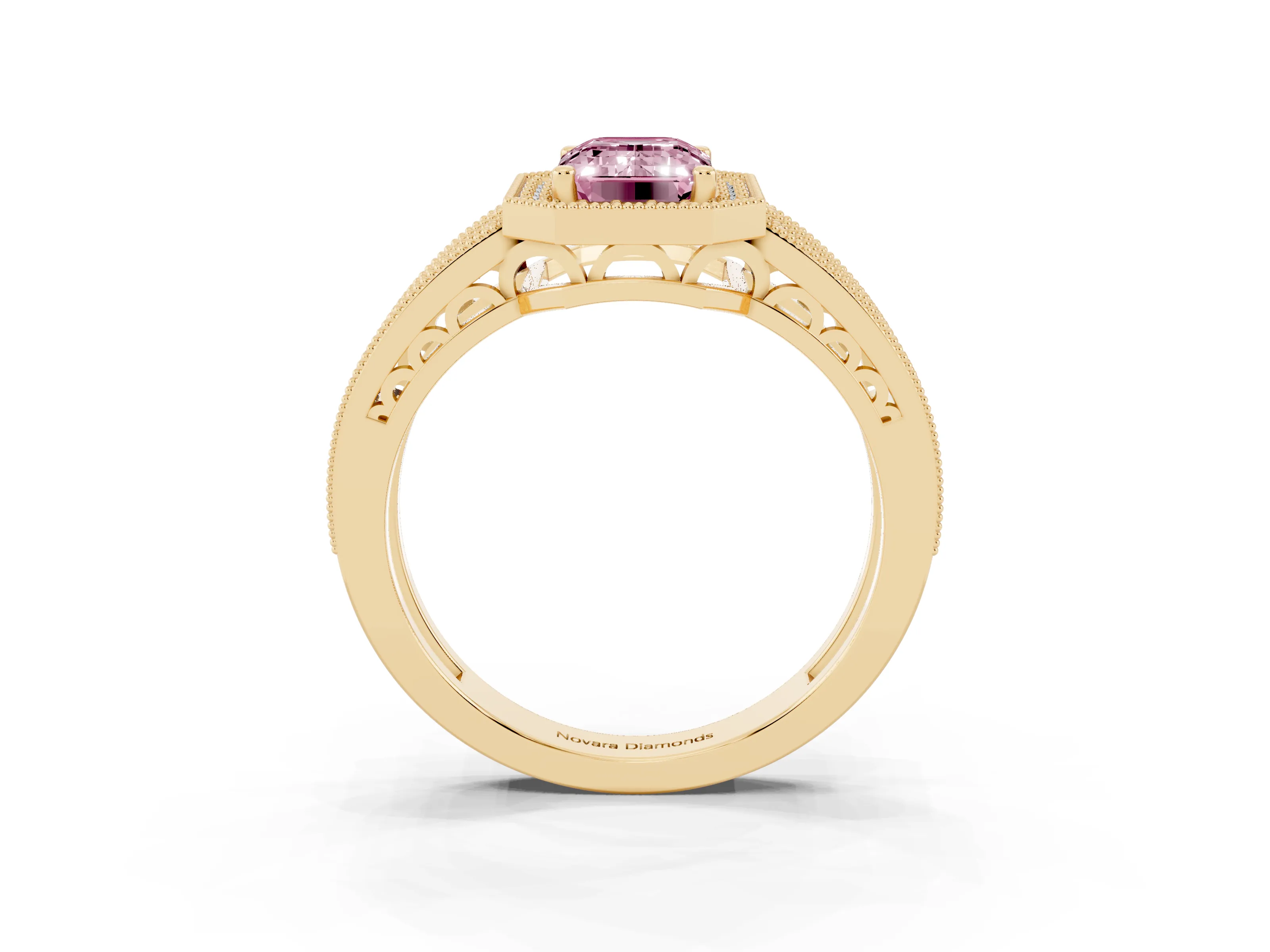 Fancy Pink Emerald Cut Diamond Halo Ring Set in Yellow gold with Accent Split Shank and Prong Setting
