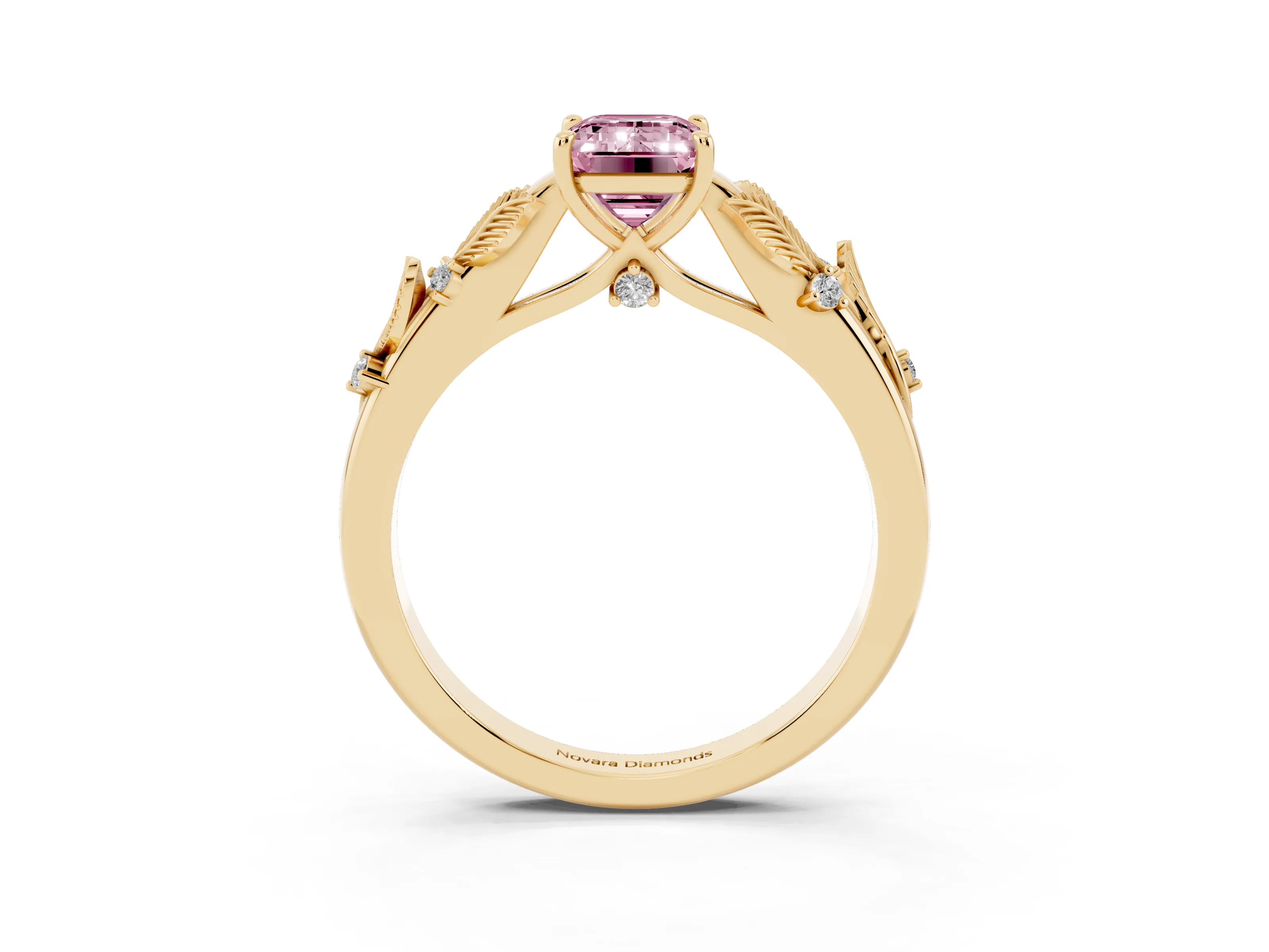 Fancy Pink Emerald Cut Diamond Solitaire Ring Set in Yellow gold with Leaf Motif Band