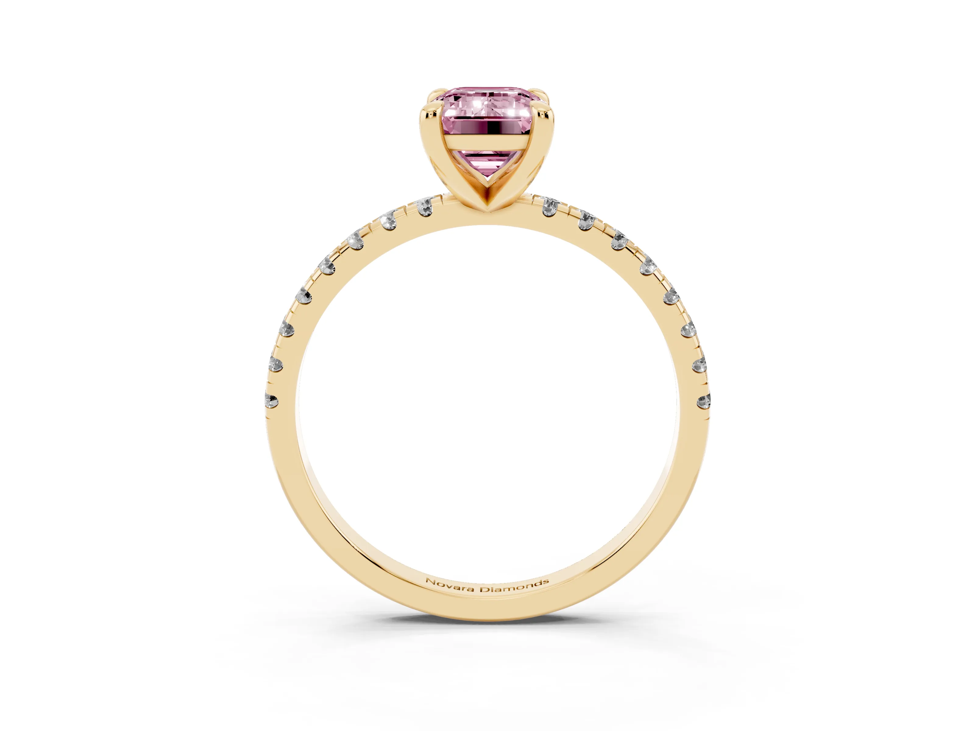 Fancy Pink Emerald Cut Diamond Brilliant Solitaire Ring Set in Yellow gold with Pavé Band and Prong Setting