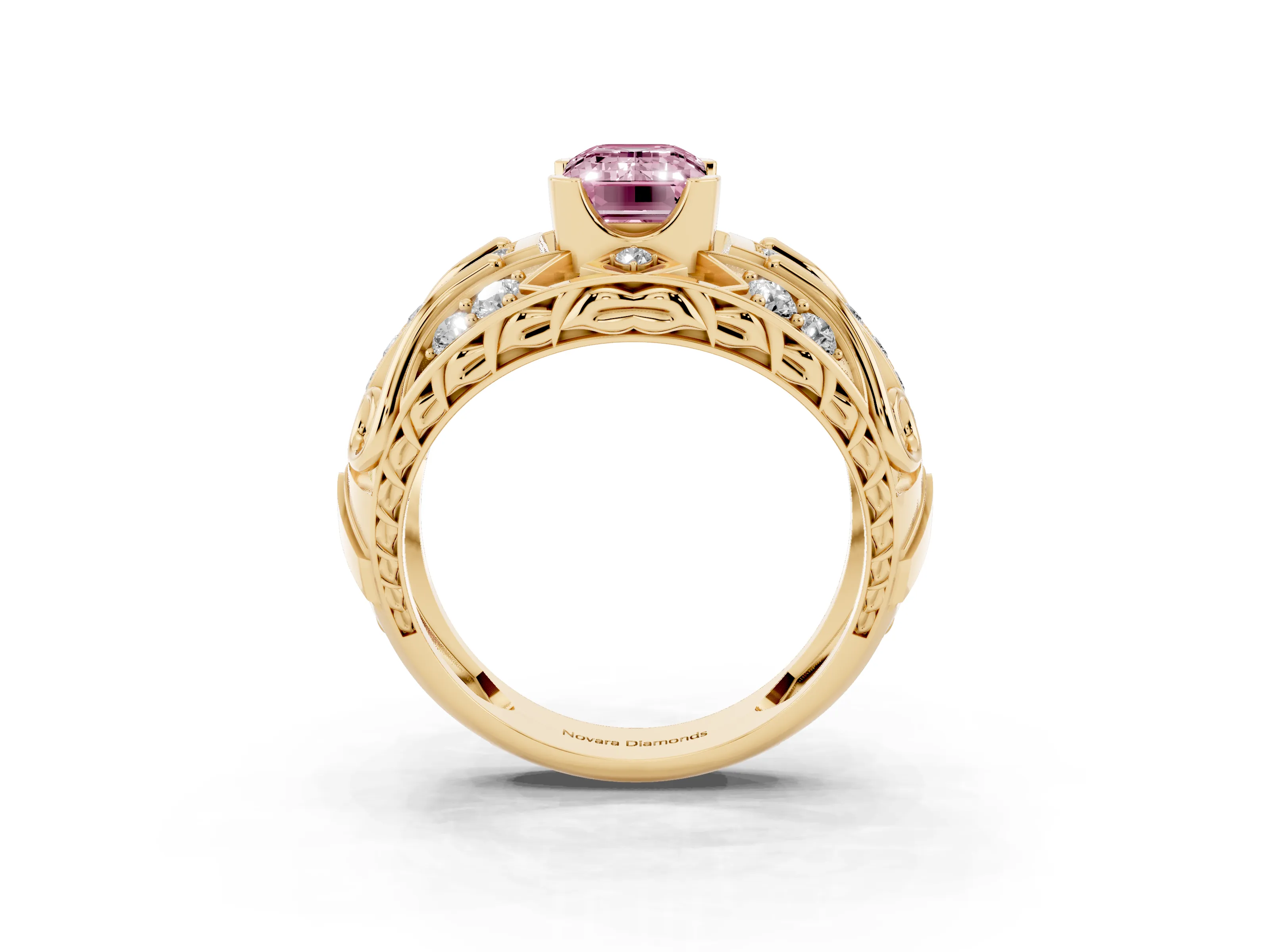 Fancy Pink Emerald Cut Diamond Art Deco Ring Set in Yellow gold with Pavé Split Shank