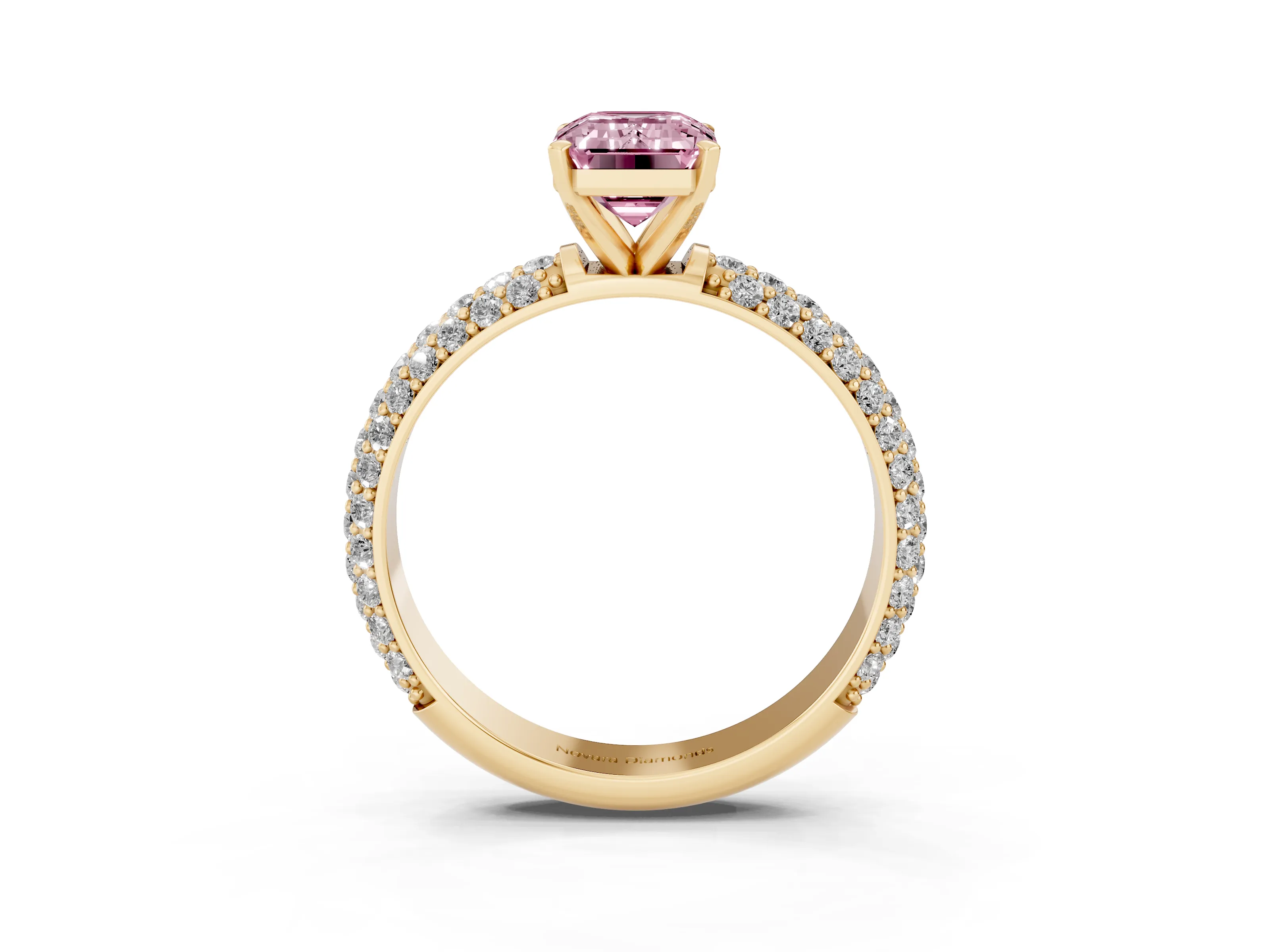 Fancy Pink Emerald Cut Diamond Solitaire Ring Set in Yellow gold with Prong Setting and Pavé-Set Band