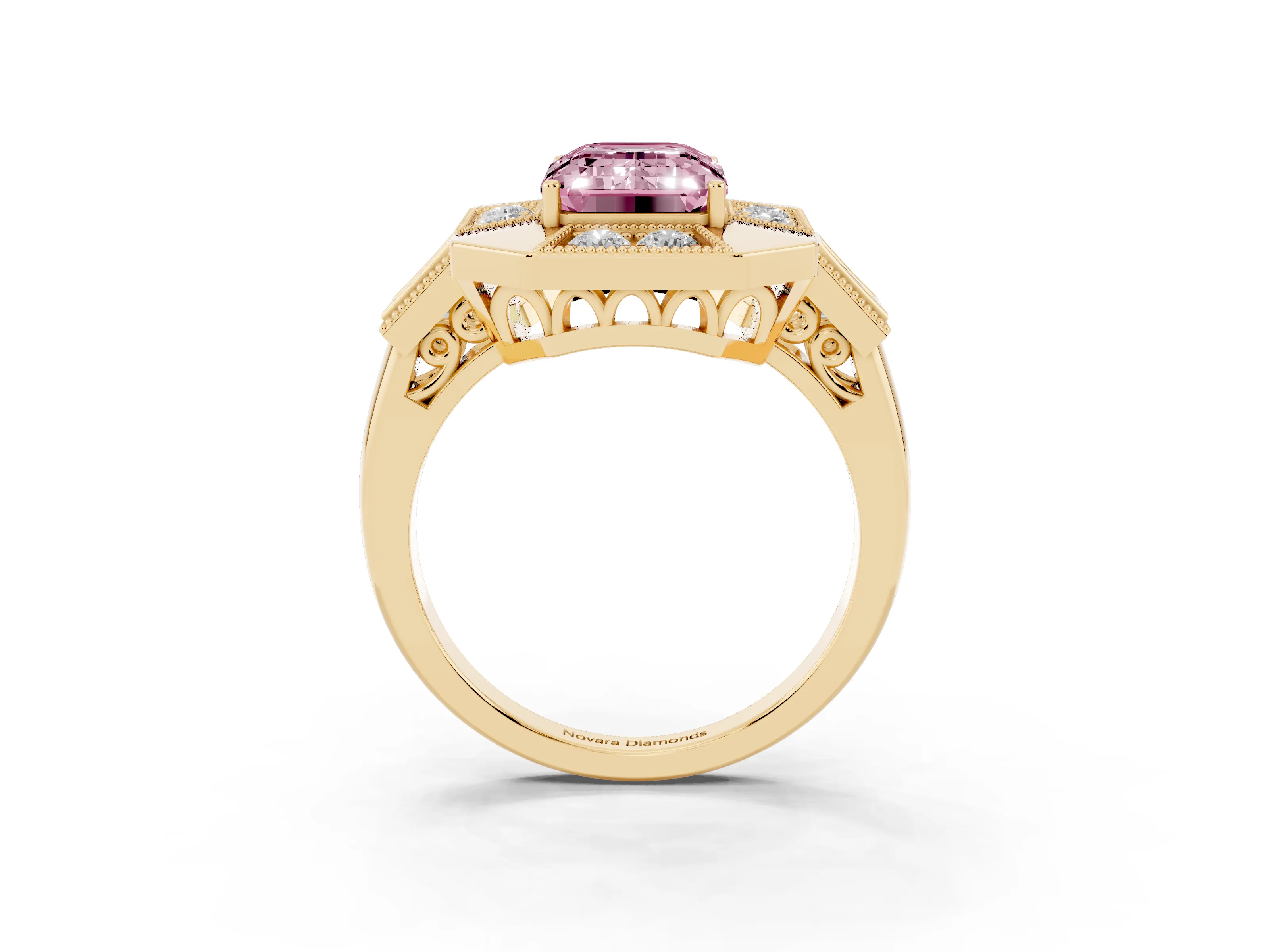Fancy Pink Emerald Cut Diamond Milgrain Halo Ring Set in Yellow gold with Split Shank