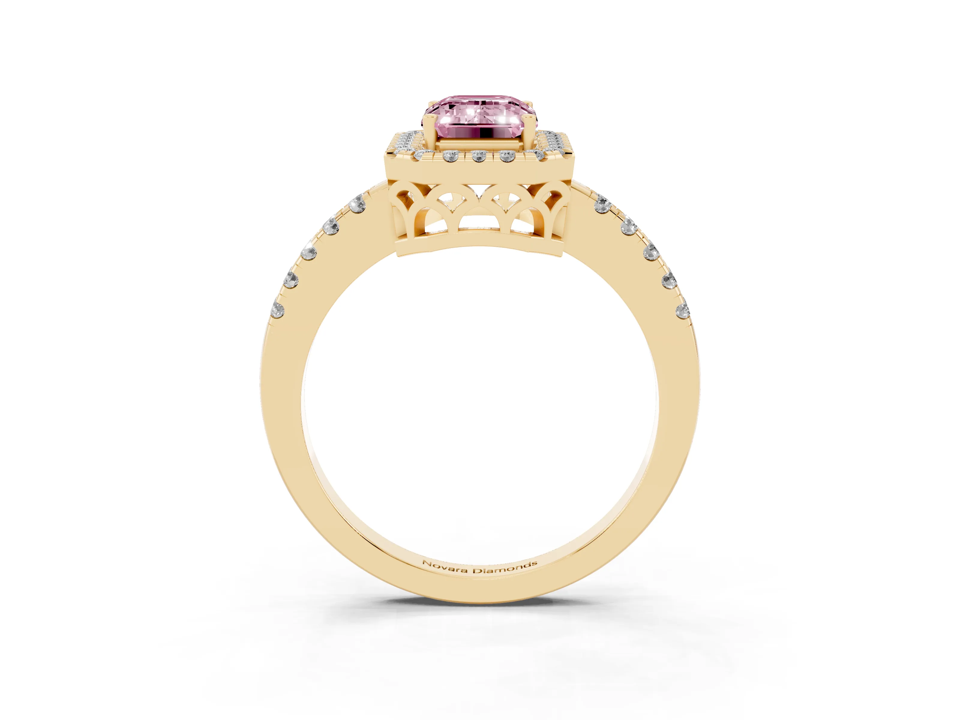 Fancy Pink Emerald Cut Diamond Pavé Band Halo Engagement Ring Set in Yellow gold with Prong Setting
