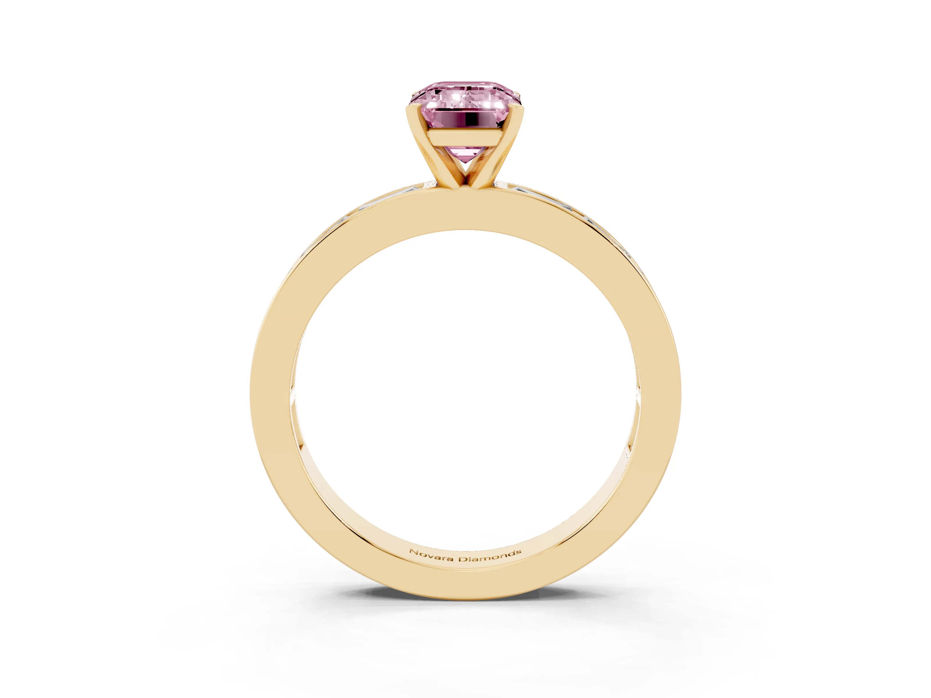 Fancy Pink Emerald Cut Diamond Solitaire Ring Set in Yellow gold with Channel-Set Baguette Band and Prong Setting