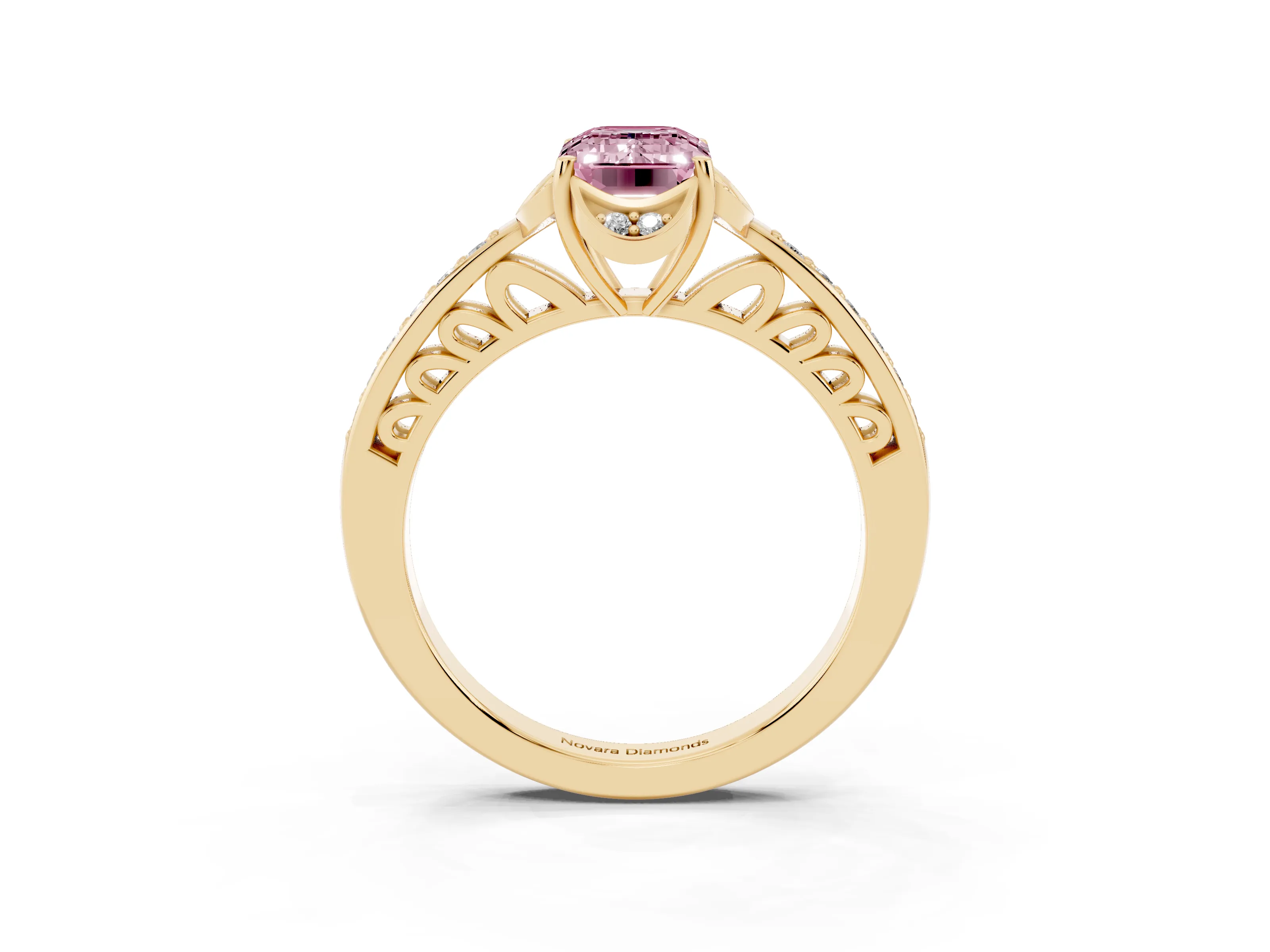 Fancy Pink Emerald Cut Diamond Halo Ring Set in Yellow gold with Channel Set Band and Prong Setting