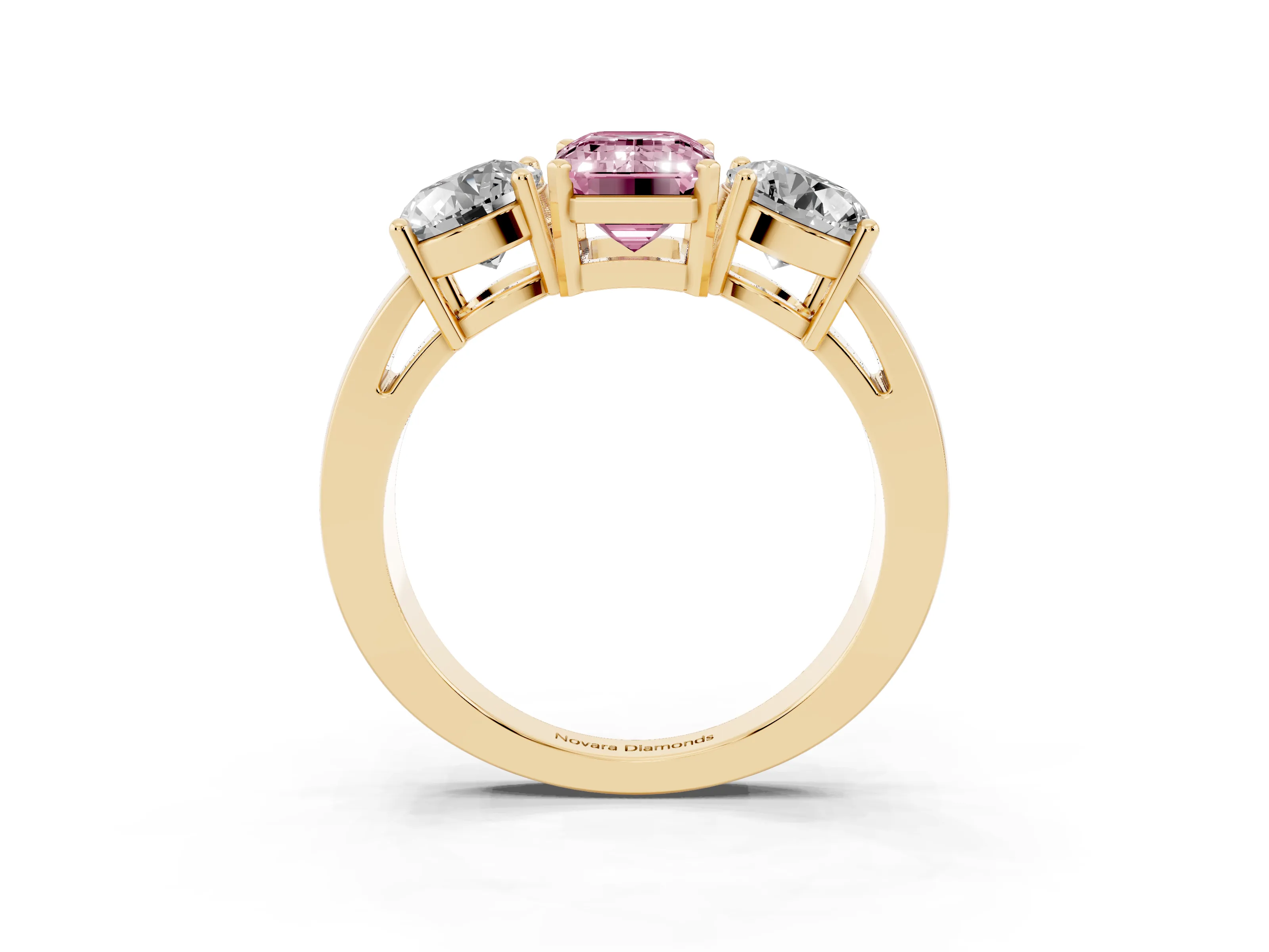Fancy Pink Emerald Cut Diamond Three-Stone Ring Set in Yellow gold with Round Side Stones and Classic Band