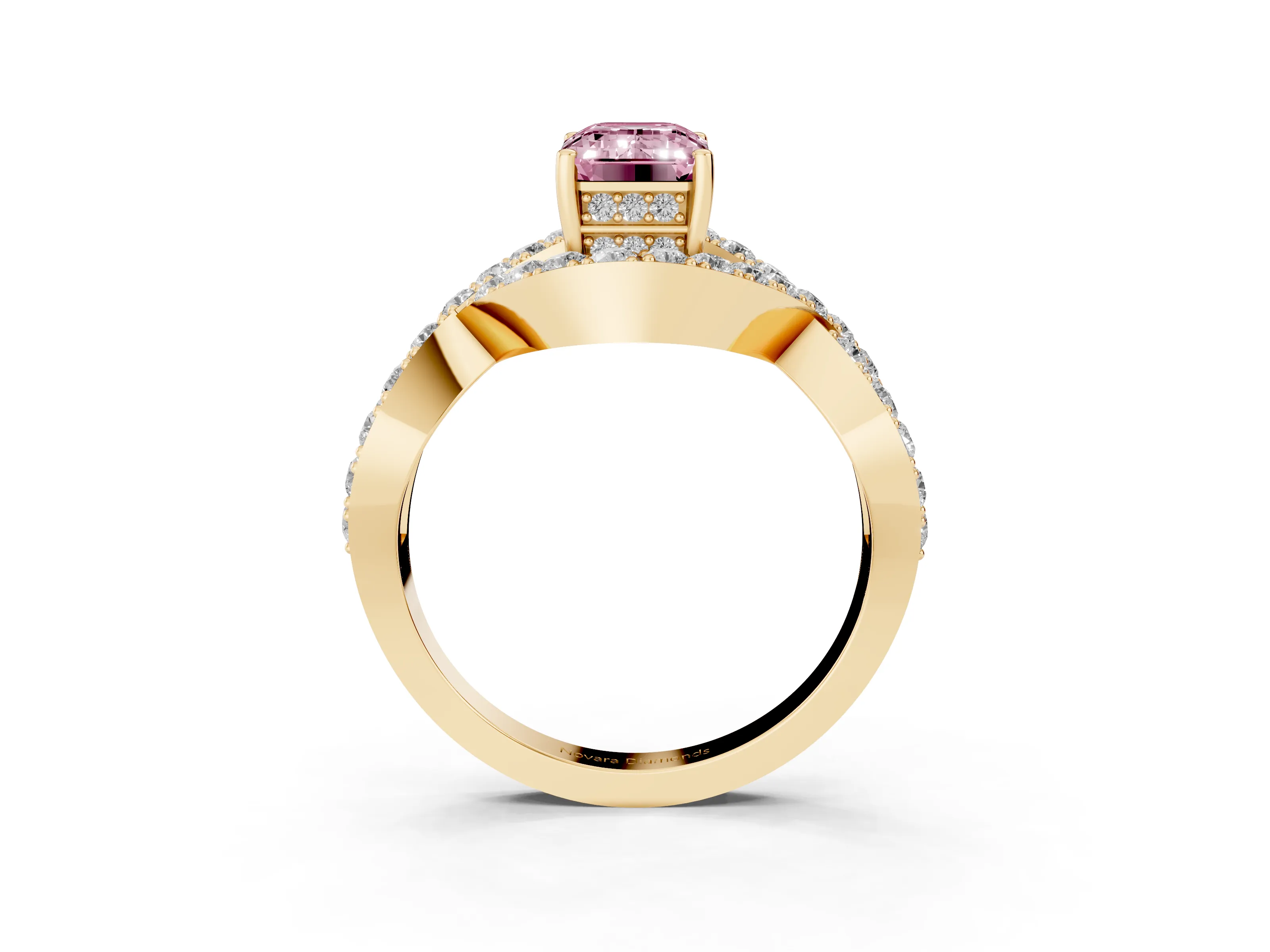 Fancy Pink Emerald Cut Diamond Solitaire Twist Band Pavé Engagement Ring Set in Yellow gold