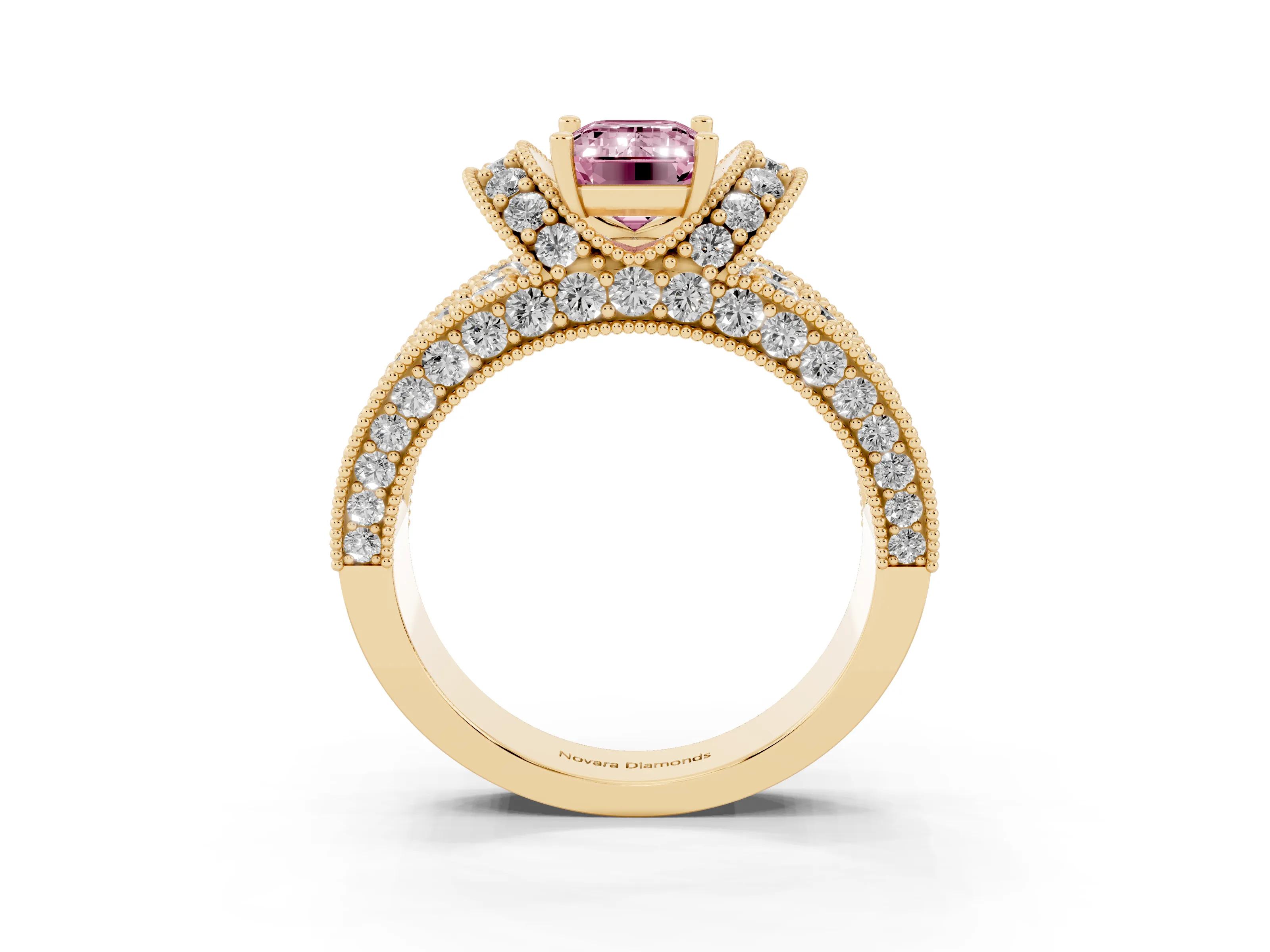 Fancy Pink Emerald Cut Diamond Milgrain Halo Pavé Engagement Ring Set in Yellow gold with Prong Setting