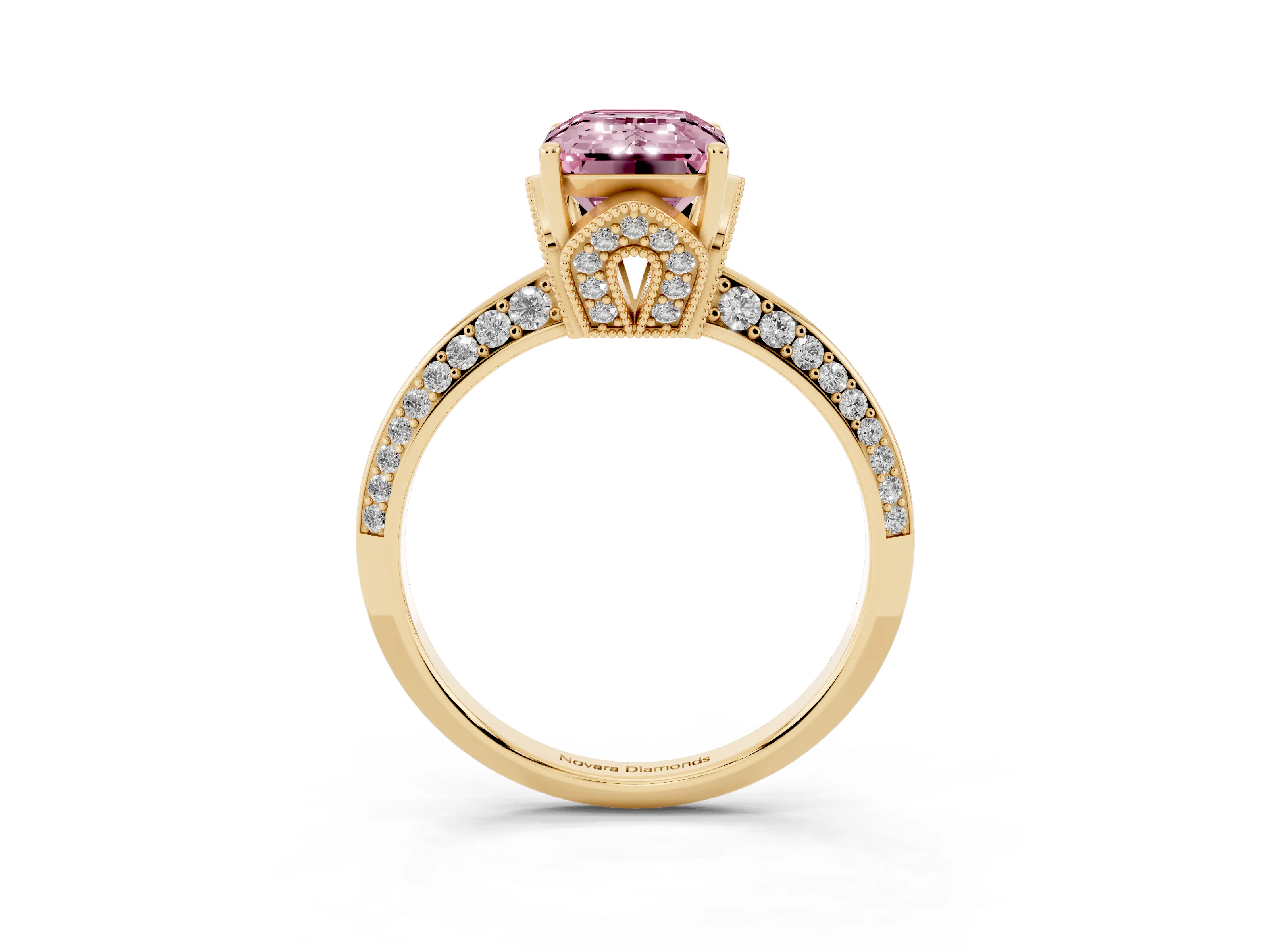 Fancy Pink Emerald Cut Diamond Solitaire Engagement Ring Set in Yellow gold with Pavé Split Shank and Prong Setting