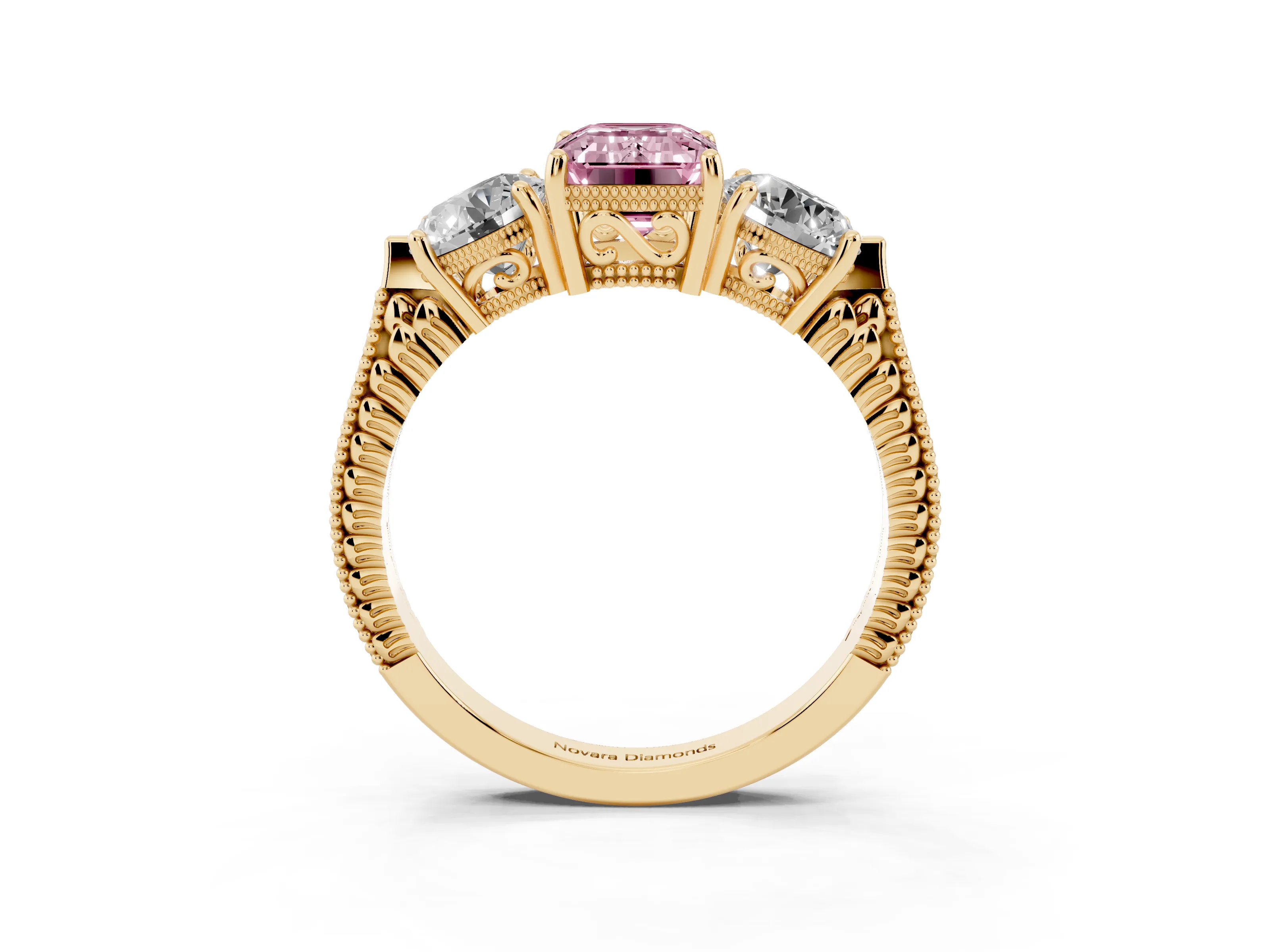 Fancy Pink Emerald Cut Diamond Three-Stone Ring Set in Yellow gold with Milgrain Band