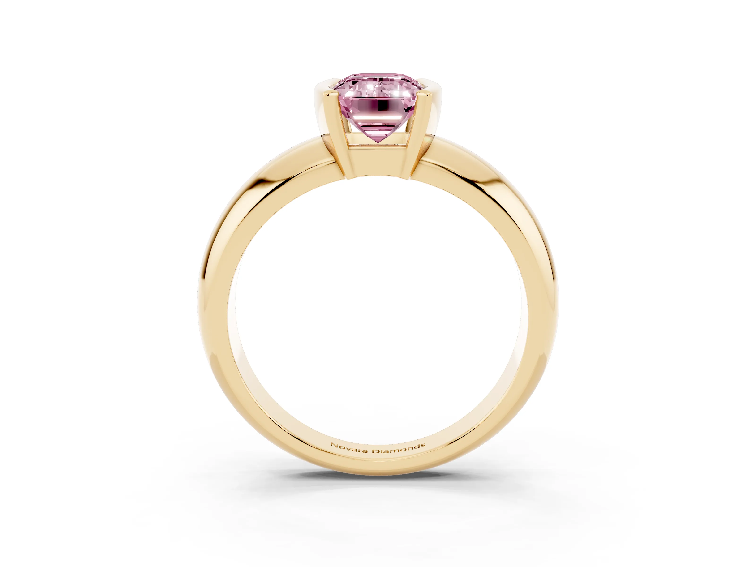 Fancy Pink Emerald Cut Diamond Solitaire Tension Set Ring Set in Yellow gold with Wide Band