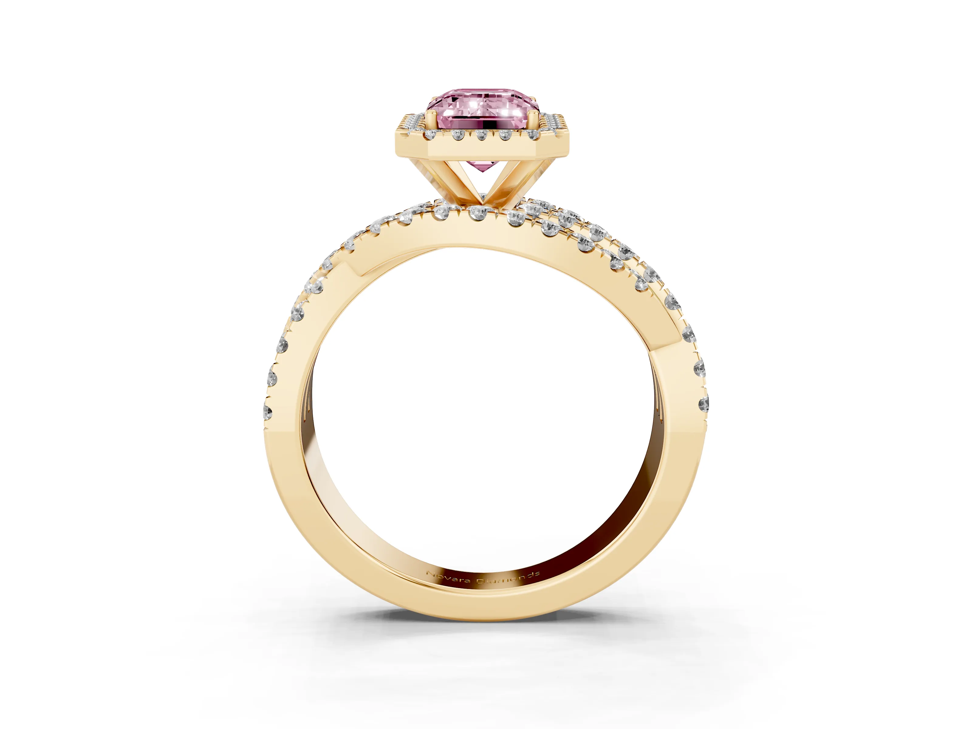 Fancy Pink Emerald Cut Diamond Halo Ring Set in Yellow gold with Round Crossover Split Shank and Prong Setting