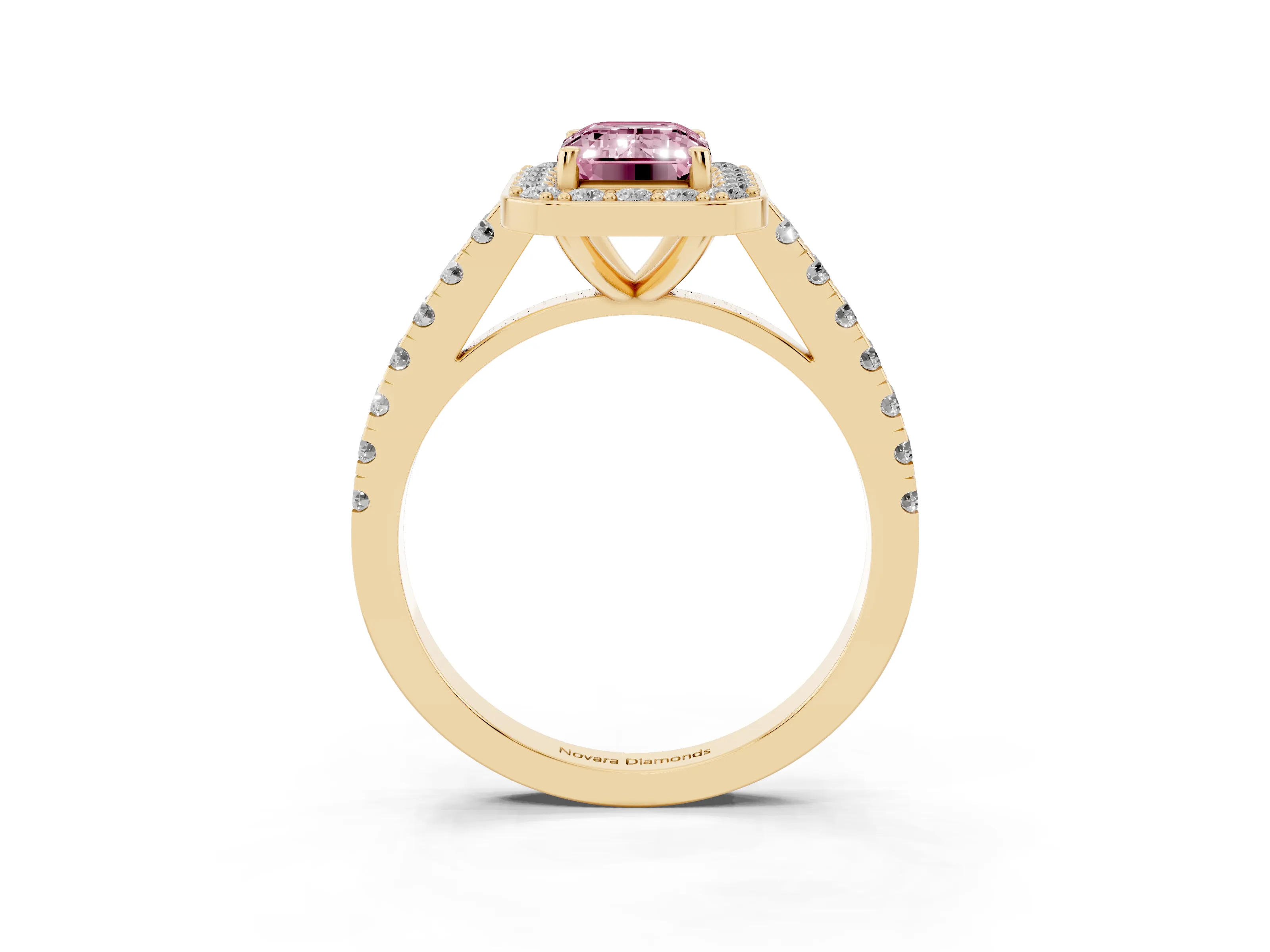 Fancy Pink Emerald Cut Diamond Halo Ring Set in Yellow gold with Round Pavé Split Shank and Prong Setting