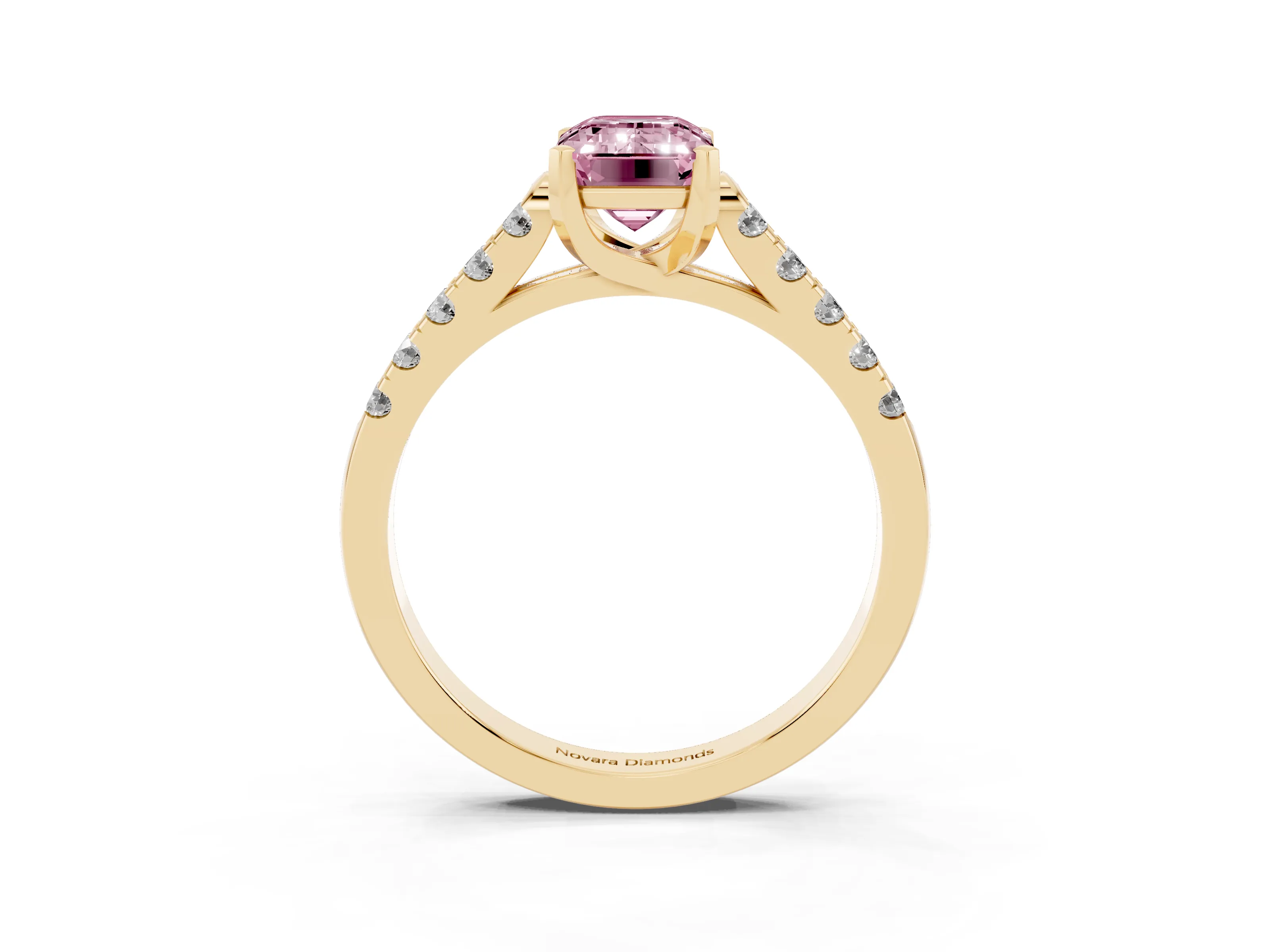 Fancy Pink Emerald Cut Diamond Pavé Band Solitaire Ring Set in Yellow gold with Partway Accent Stones and Prong Setting
