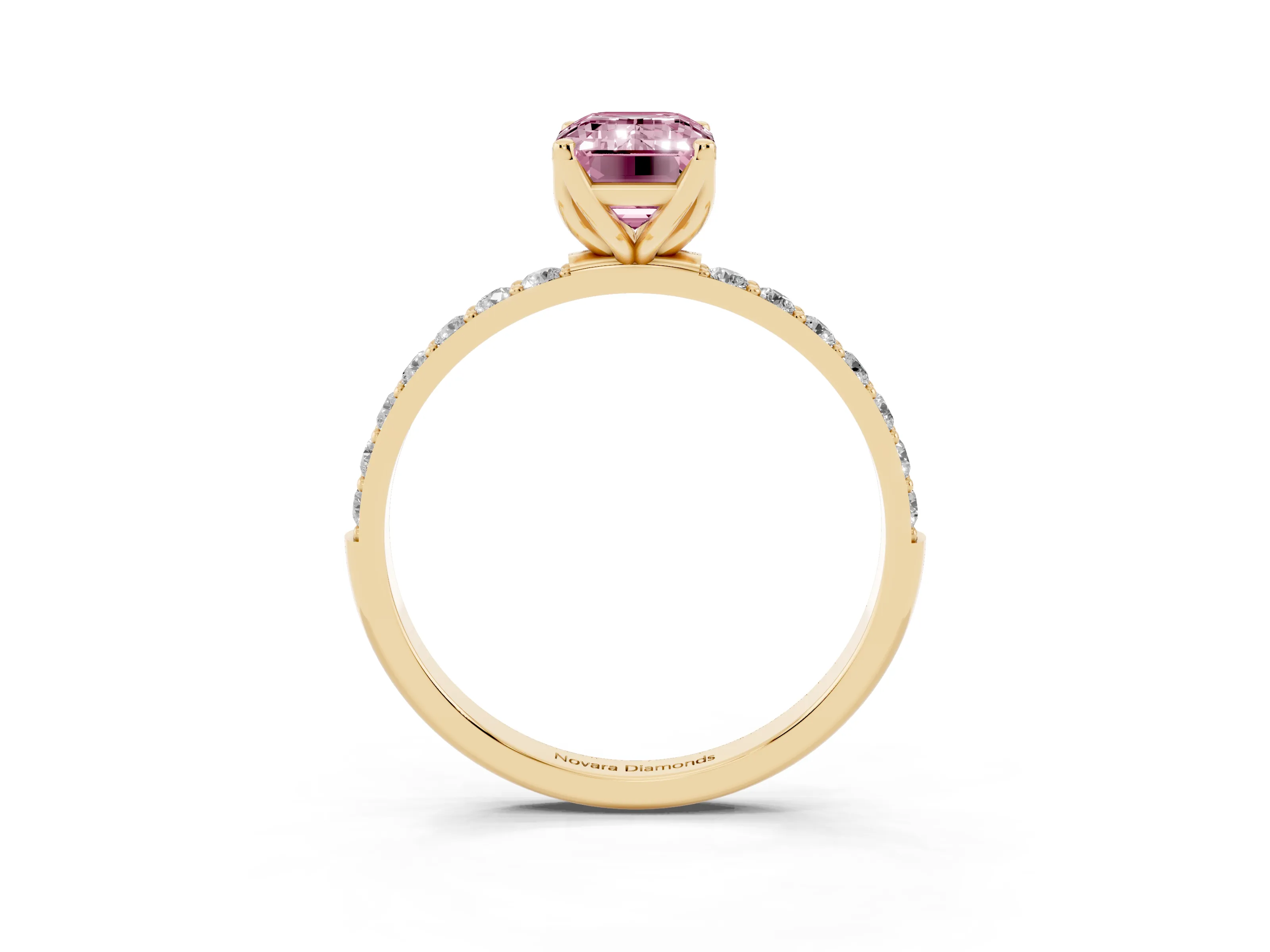 Fancy Pink Emerald Cut Diamond Solitaire Engagement Ring Set in Yellow gold with Round Pavé Band and Prong Setting