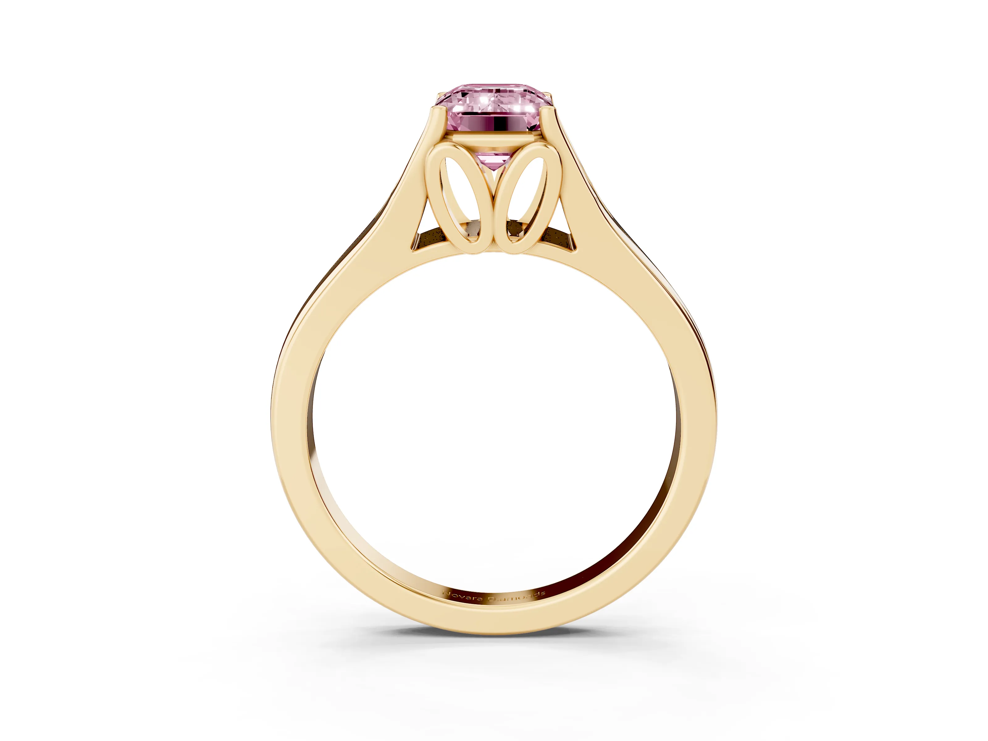 Fancy Pink Emerald Cut Diamond Solitaire Ring Set in Yellow gold with Arched Cathedral Band and Prong Setting