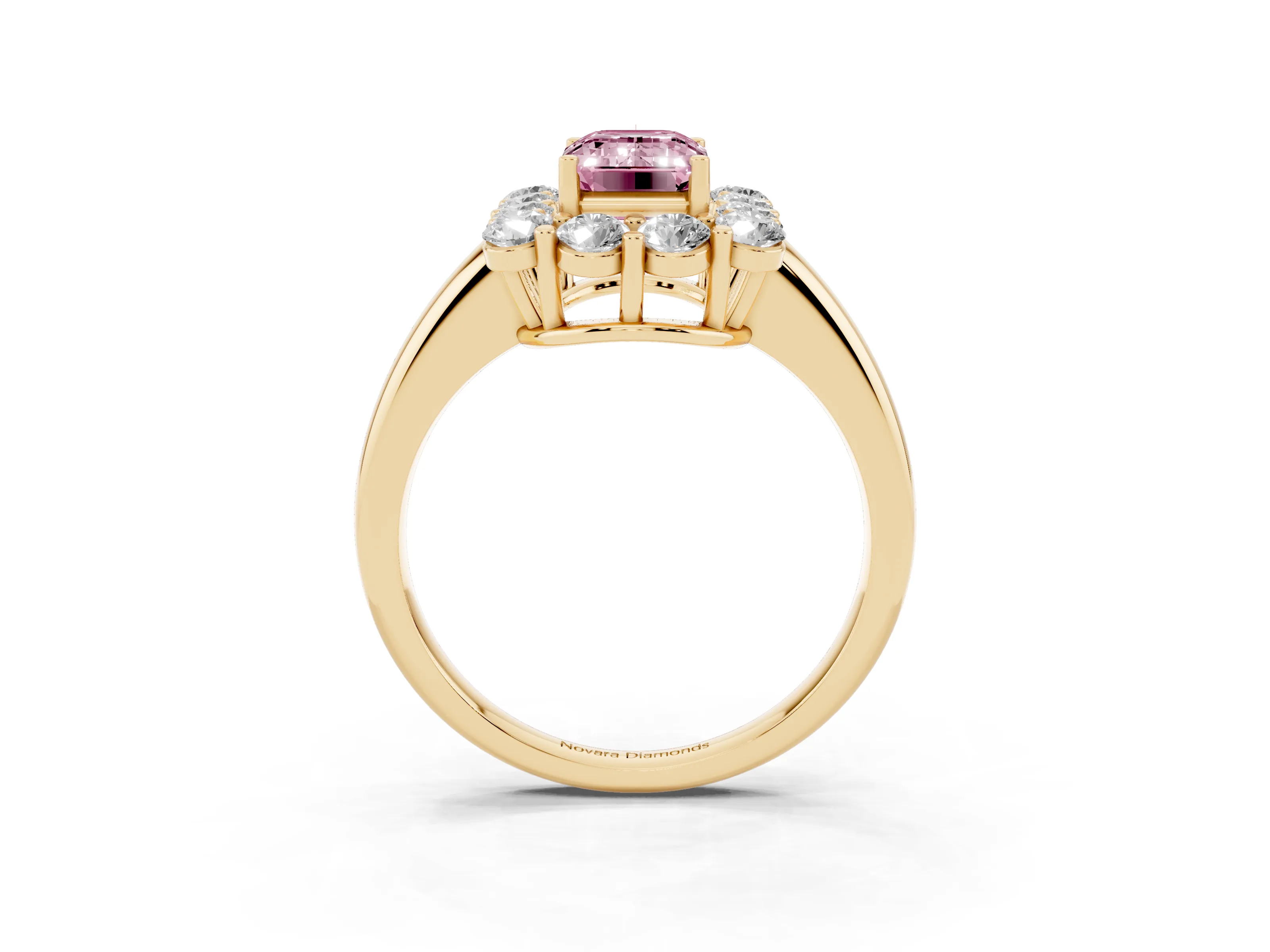 Fancy Pink Emerald Cut Diamond Halo Cluster Engagement Ring Set in Yellow gold with Polished Band and Prong Setting