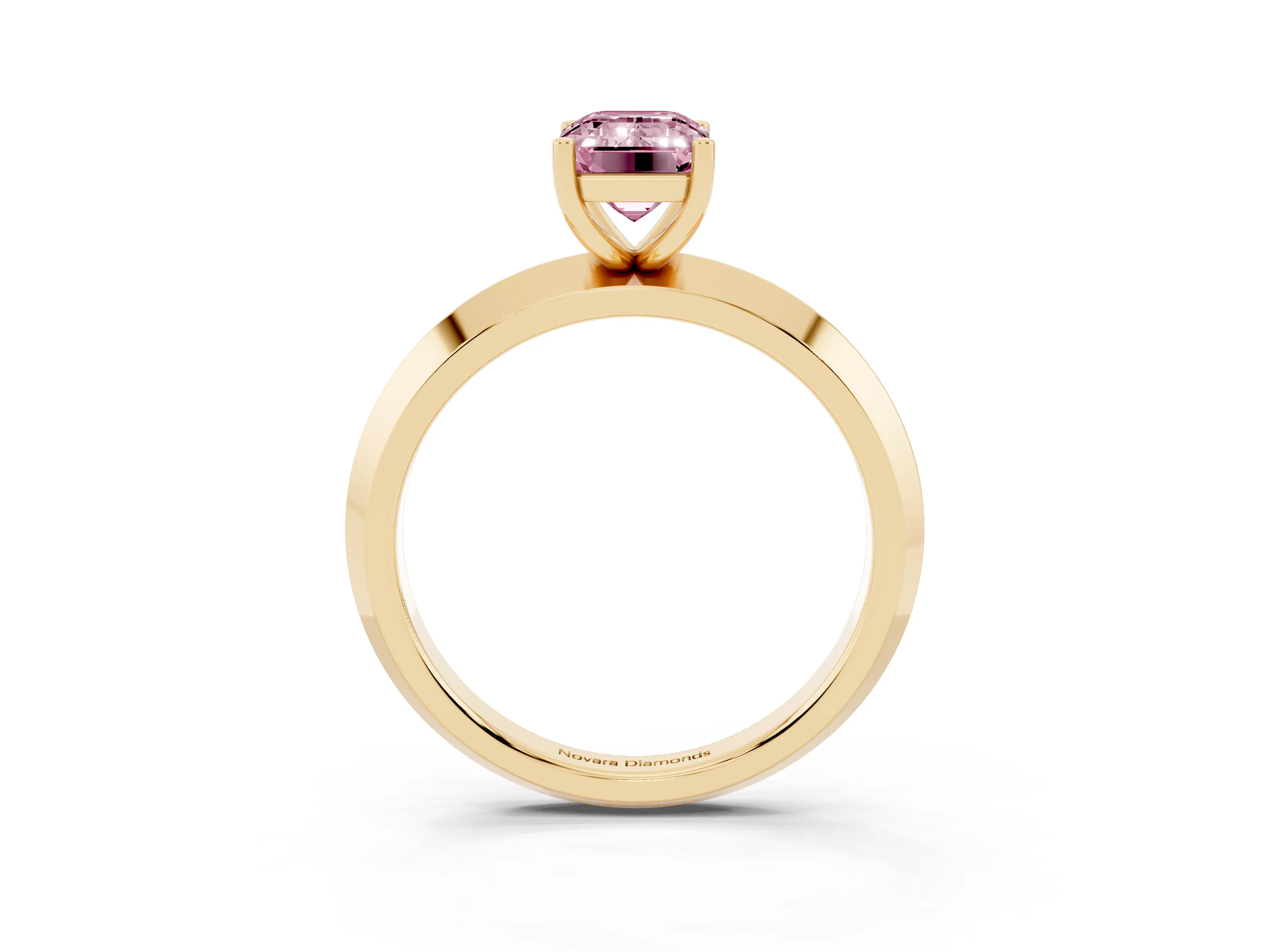 Fancy Pink Emerald Cut Diamond Solitaire Engagement Ring Set in Yellow gold with Flat Band and Prong Setting
