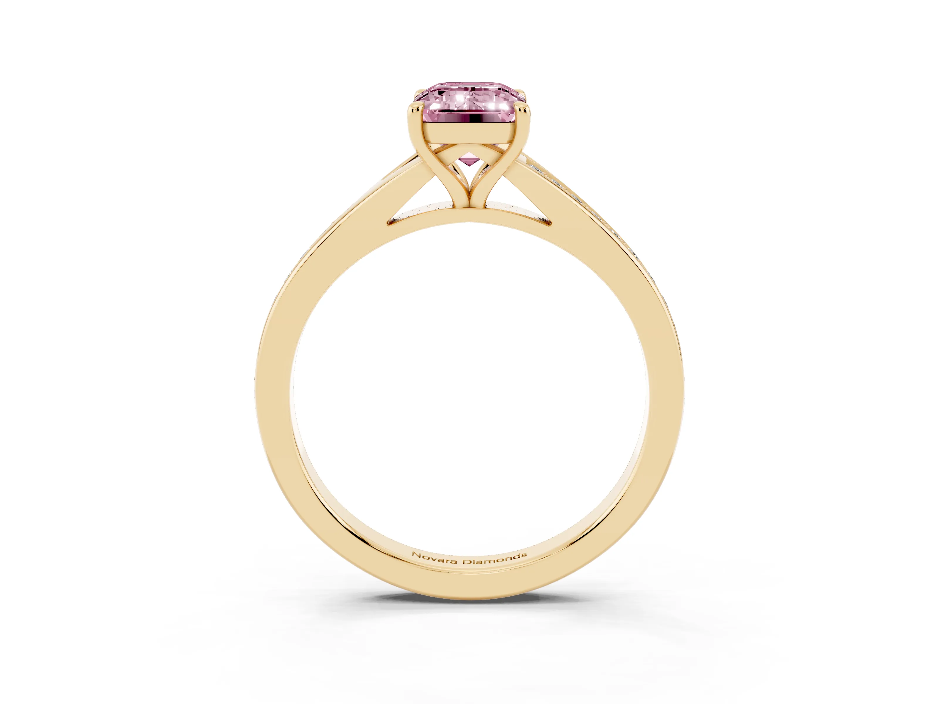Fancy Pink Emerald Cut Diamond Solitaire Ring Set in Yellow gold with Pavé Accent Band and Classic Prong Setting