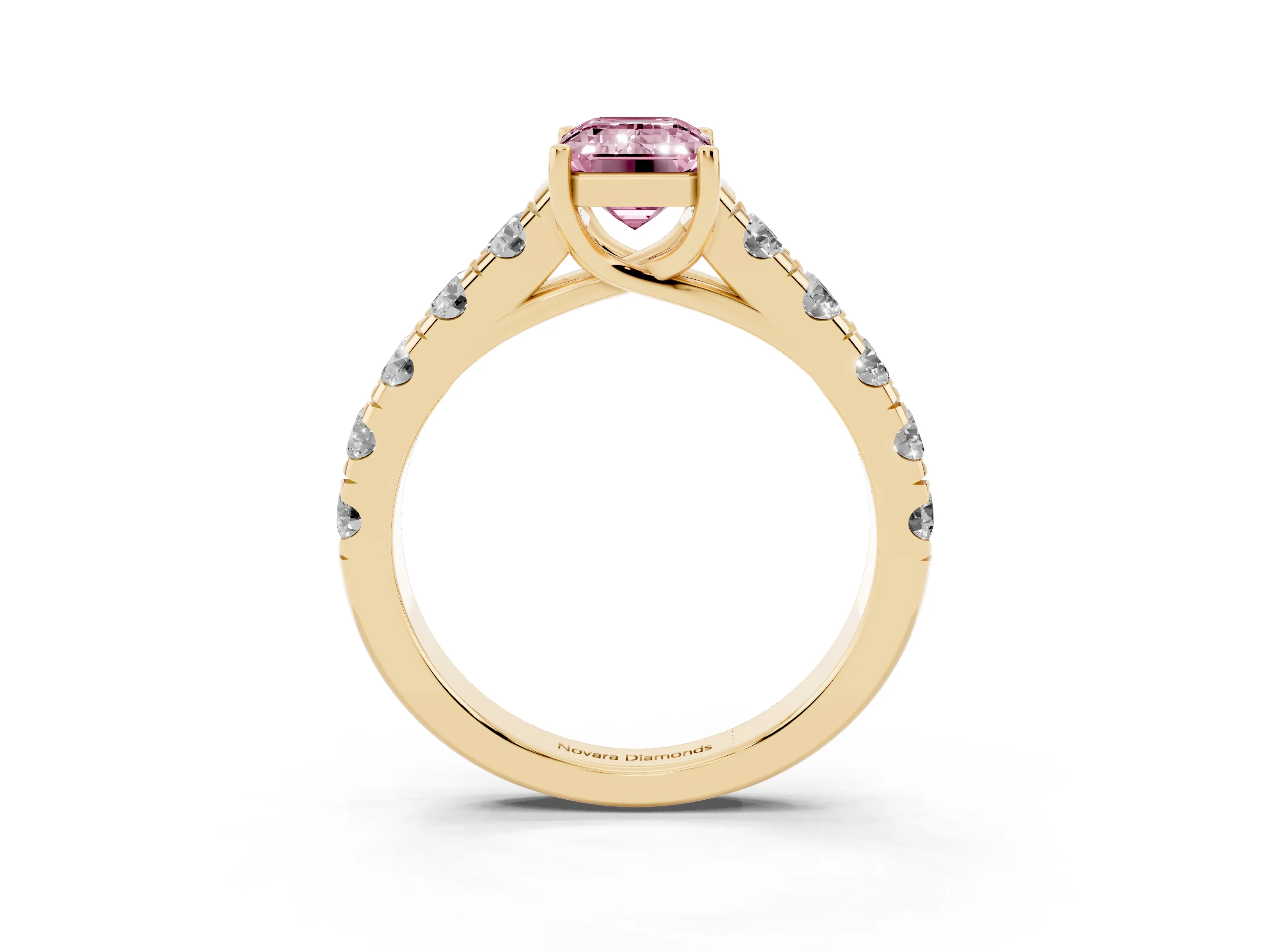 Fancy Pink Emerald Cut Diamond Solitaire Ring Set in Yellow gold with Cut-Down Micro Pavé Band and Prong Setting