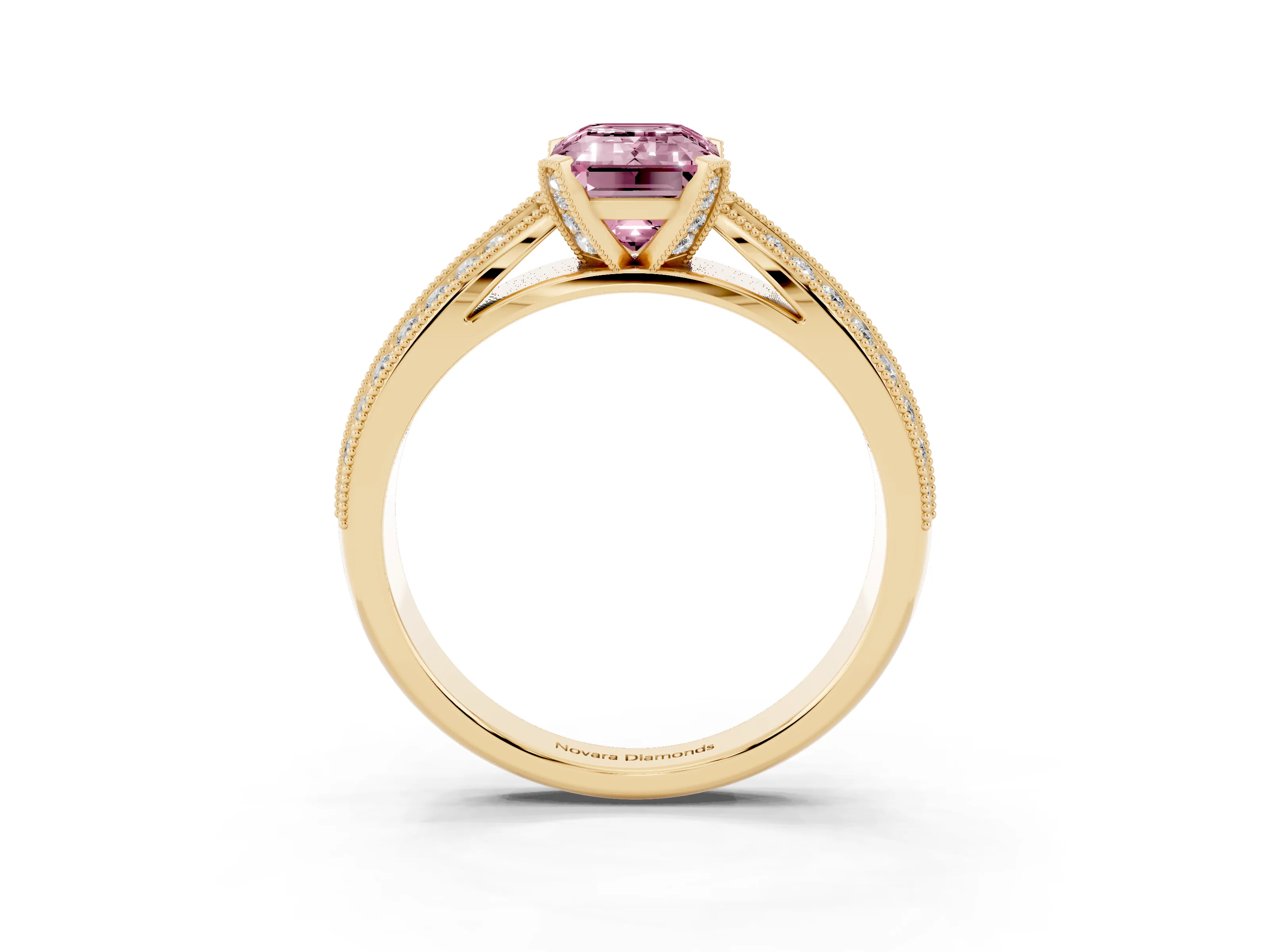 Fancy Pink Emerald Cut Diamond Solitaire Ring Set in Yellow gold with Milgrain Double Row Round Pavé Band
