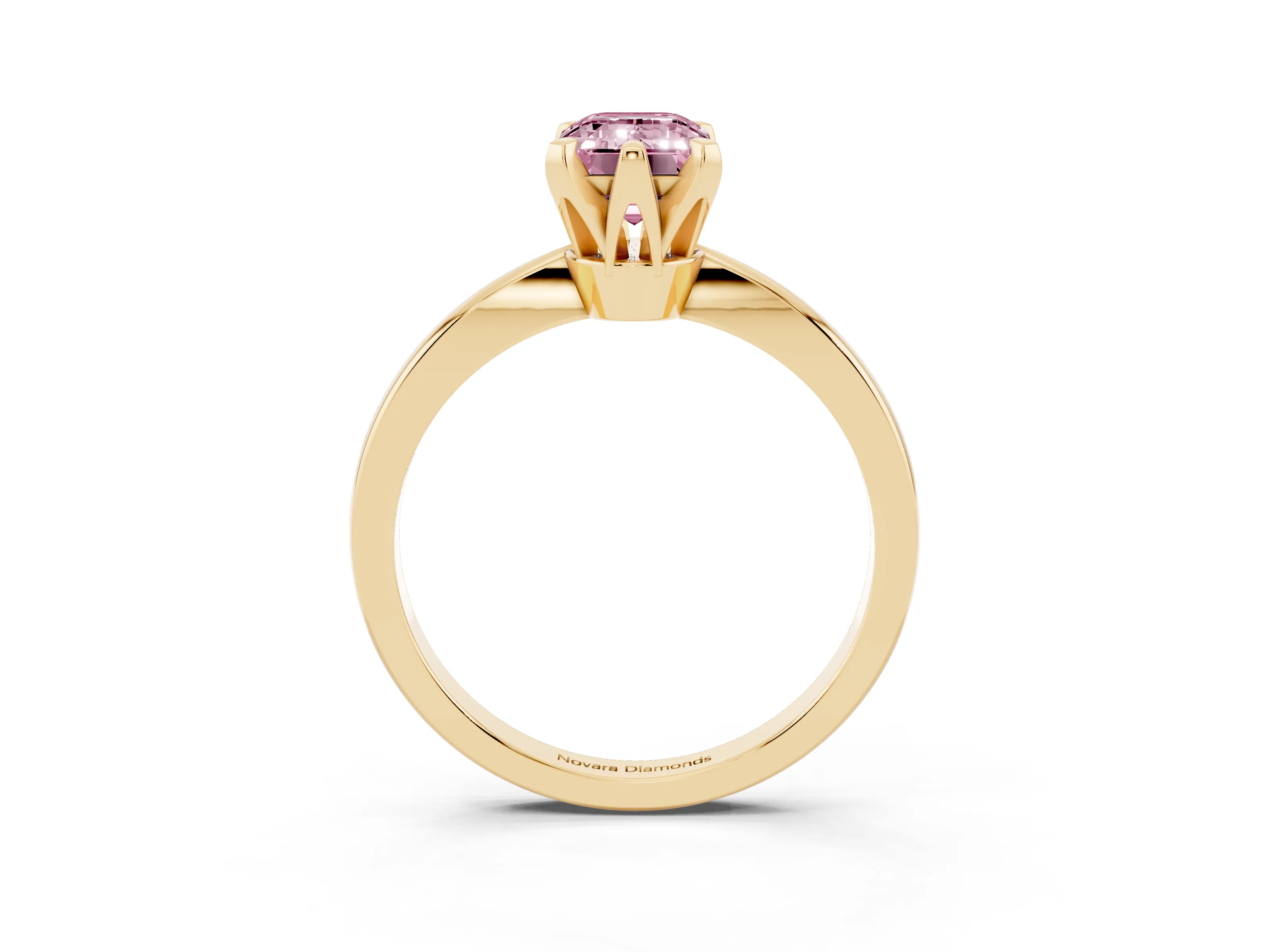 Fancy Pink Emerald Cut Diamond Solitaire Engagement Ring Set in Yellow gold with Slim Tapered Solitaire Band