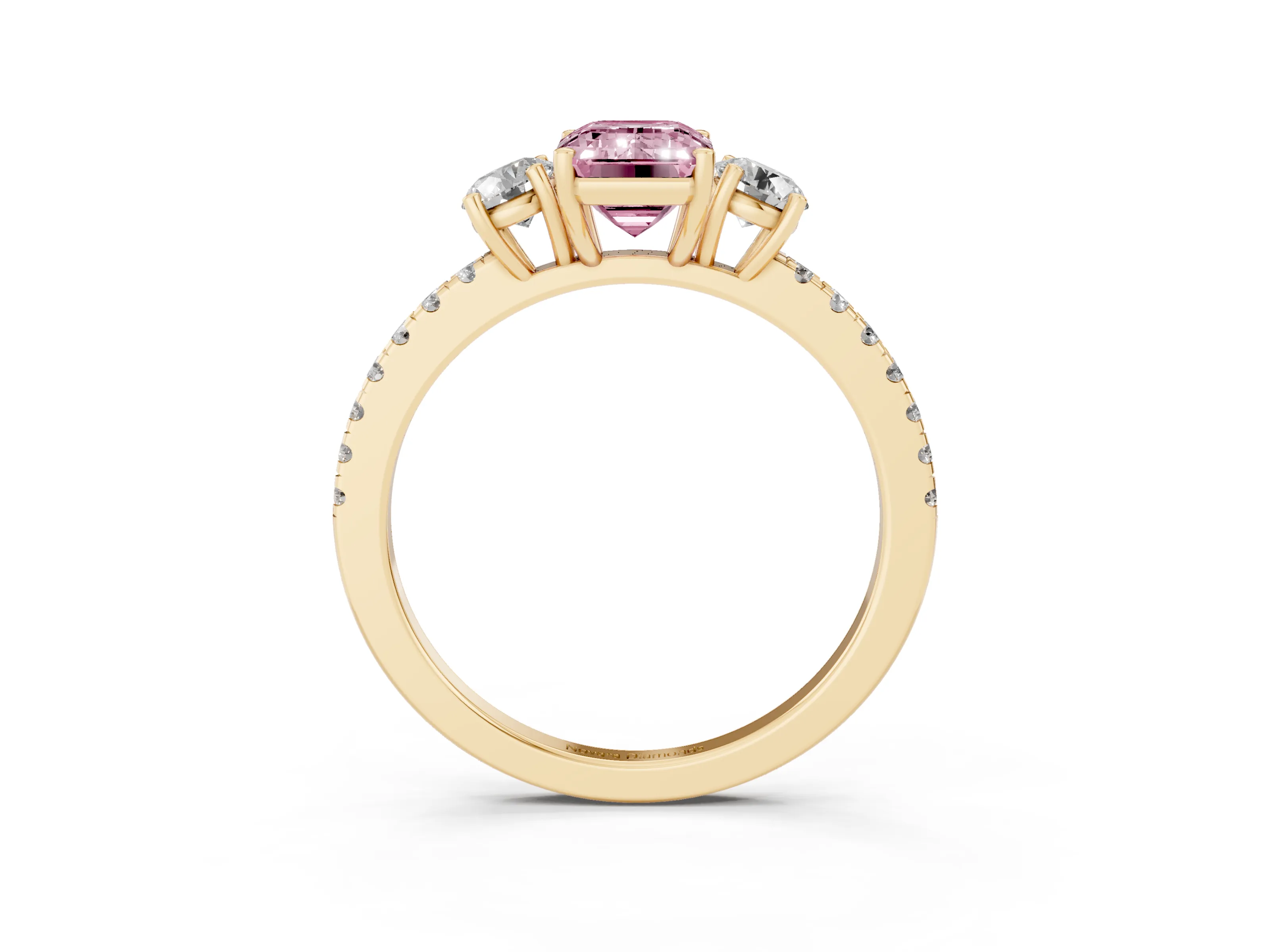 Fancy Pink Emerald Cut Diamond Three-Stone Ring Set in Yellow gold with Pavé Band and Graduated Sides