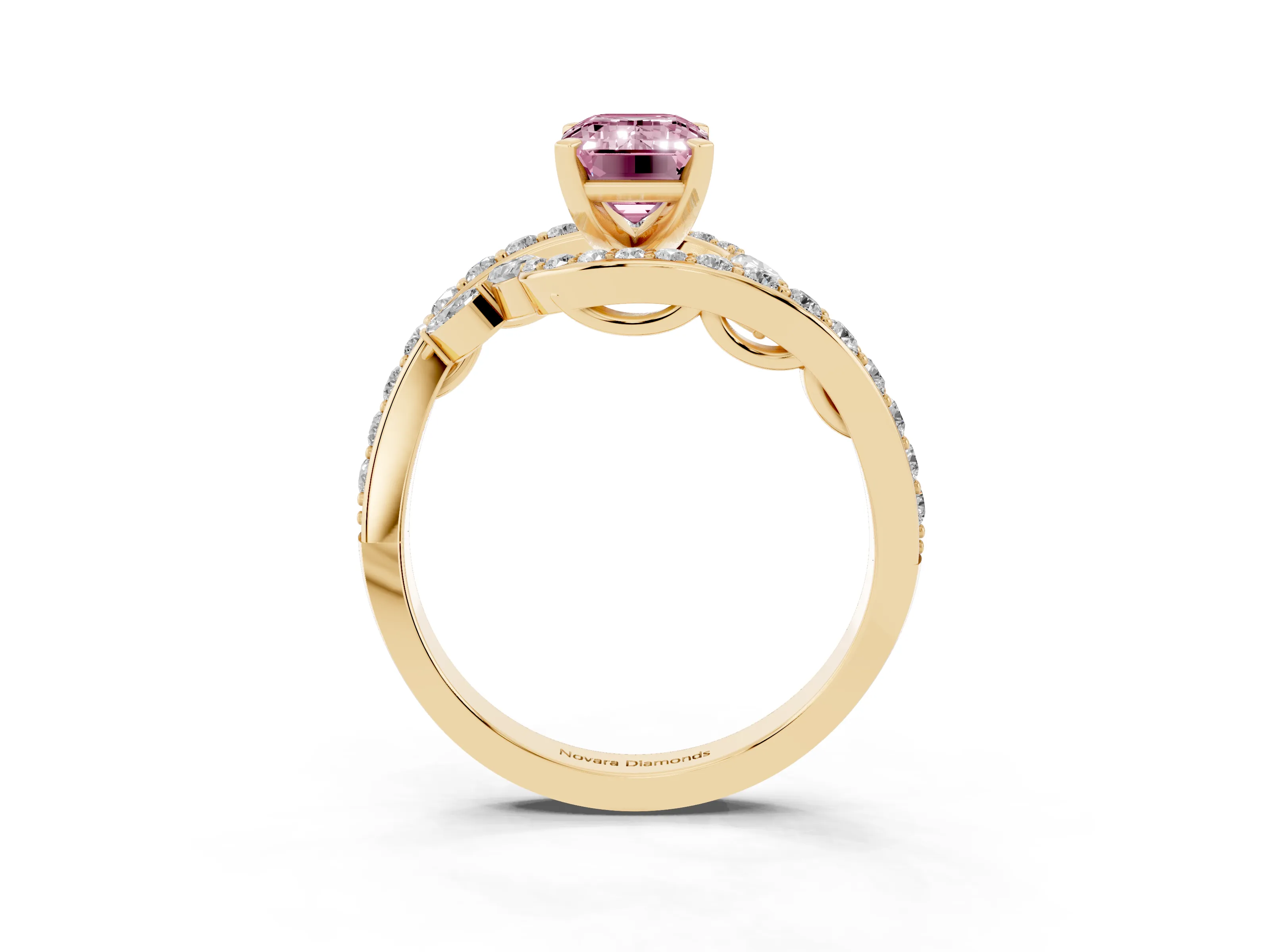 Fancy Pink Emerald Cut Diamond Solitaire Ring Set in Yellow gold with Pavé Twist Band and Secure Prong Setting